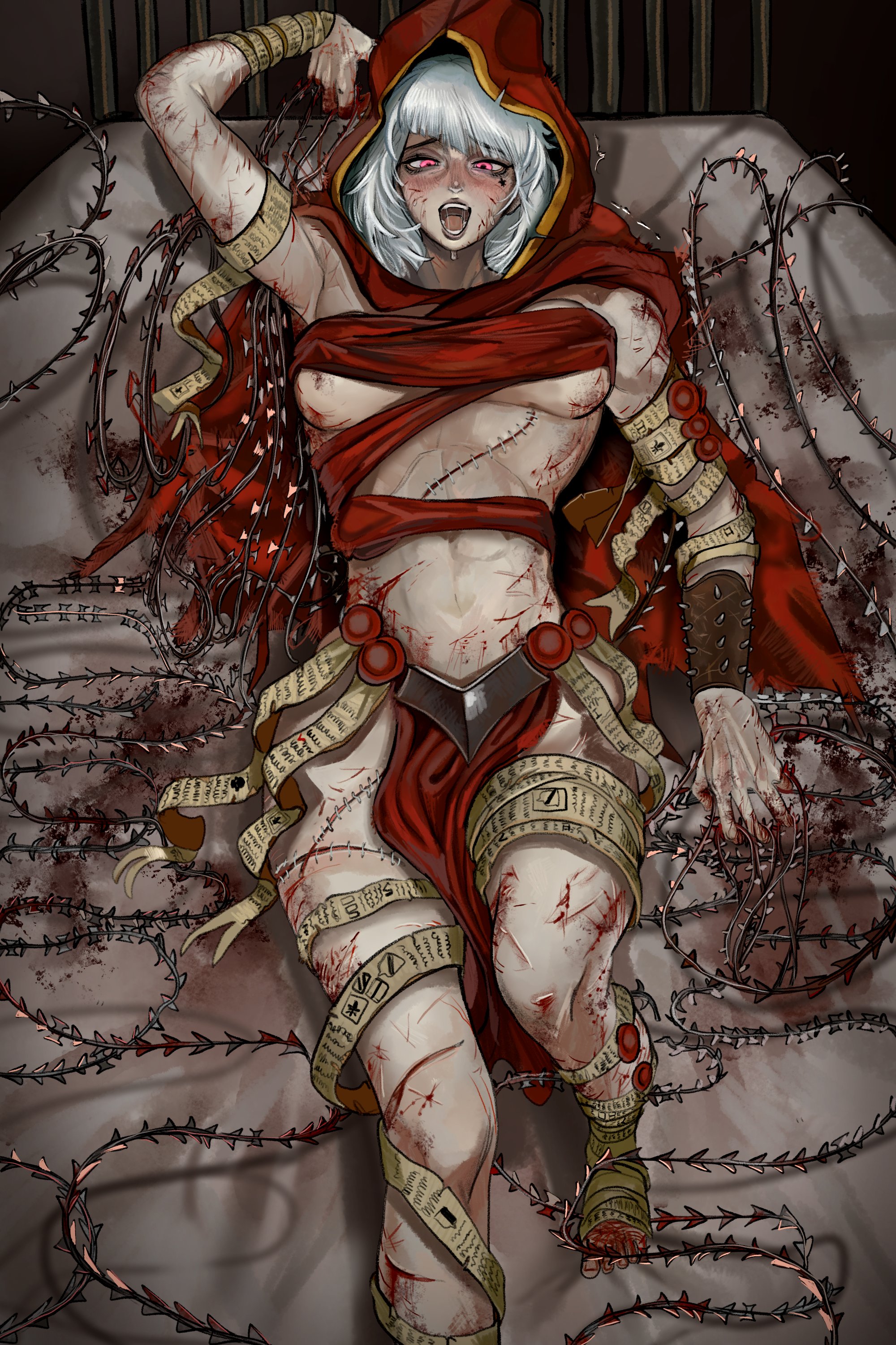 101ho, 1girls, abs, barbed wire, big breasts, blood, breasts, cross tattoo, cuts, eyebags, female, female only, glowing eyes, gore, hood, horny, horny female, masochism, masochist, masochistic female, nipples, nipples visible through clothing, pale skin, pale-skinned female, pink eyes, pose, posing, punishment, rags, saliva, scar, scars, scars all over, short hair, sister of battle, sister repentia, tattoo, thick thighs, tired eyes, warhammer (franchise), warhammer 40k, white body, white hair, white skin