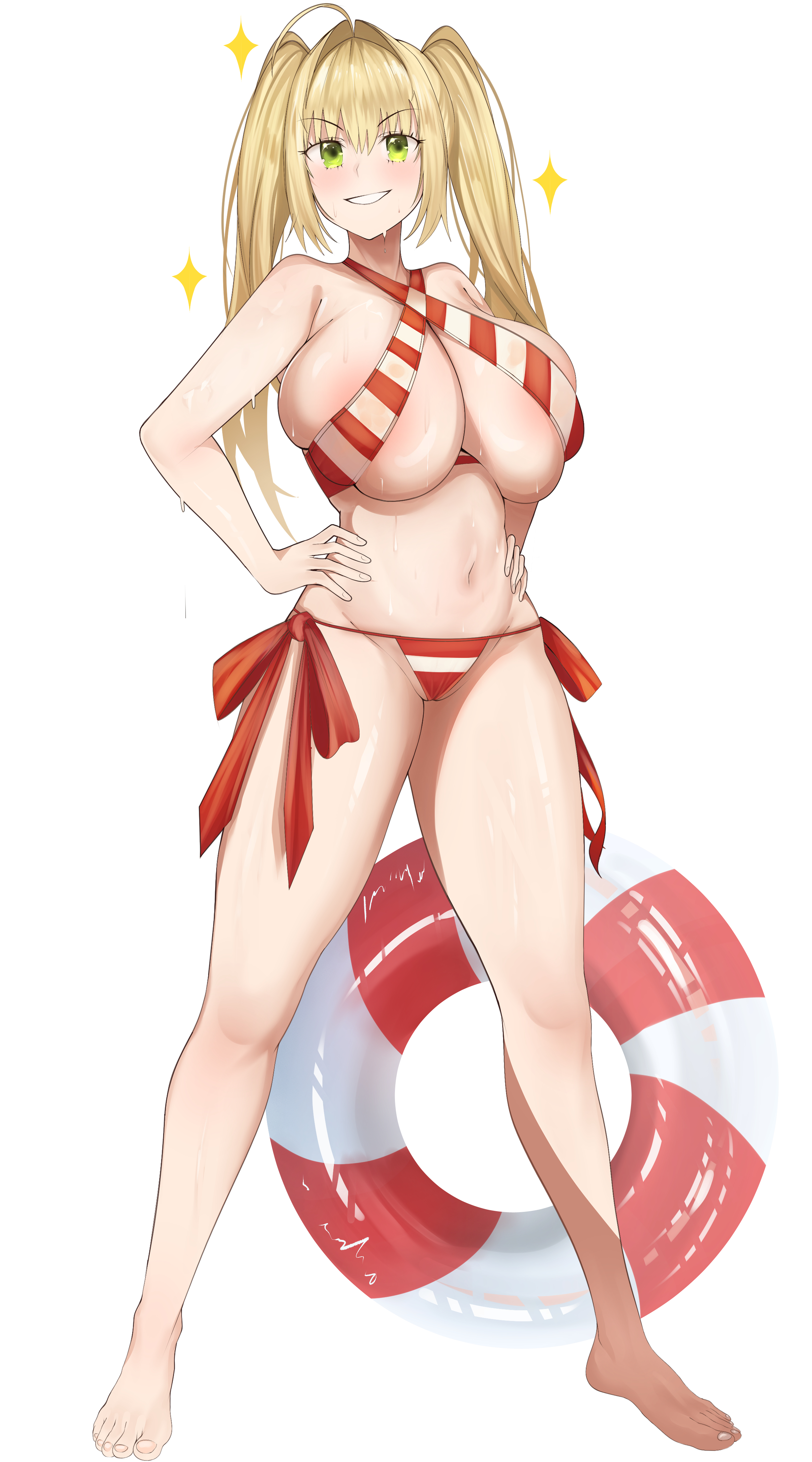 1girls, bikini, blonde, blonde female, blonde hair, blonde hair female, blonde-haired female, eyebrows visible through hair, fate (series), fate/grand order, female, green eyes, green eyes female, hourglass figure, kapibara (mc0314), navel, nero claudius (fate), nero claudius (swimsuit caster), shiro3shiro3, string bikini, thick thighs, thighs, twintails, woman