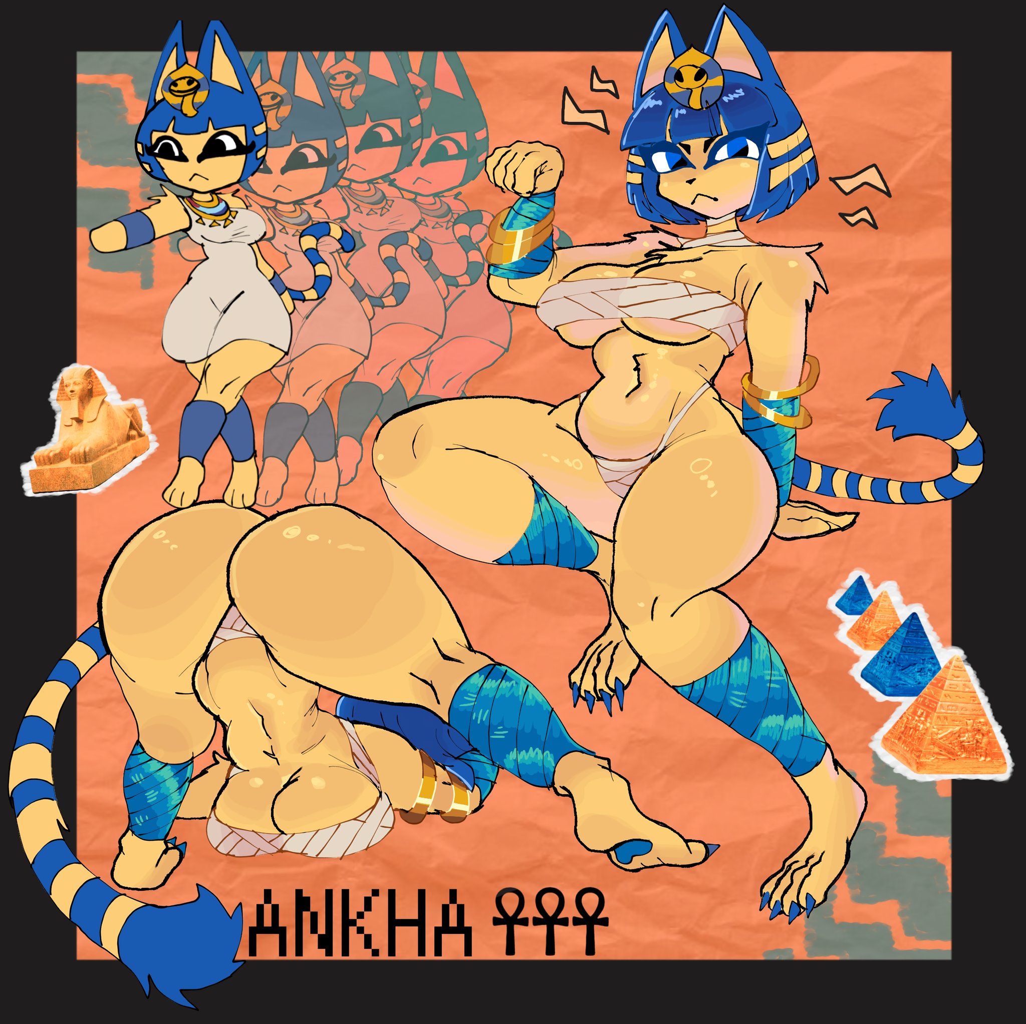 1girls, animal crossing, animal ears, ankha, ankha (animal crossing), anthrofied, bandages, big ass, big breasts, blue hair, breasts, cat ears, cat tail, female, female only, furry, jewelry, miaval tec, multiple views, navel, nintendo, short hair, snake hair ornament, tail
