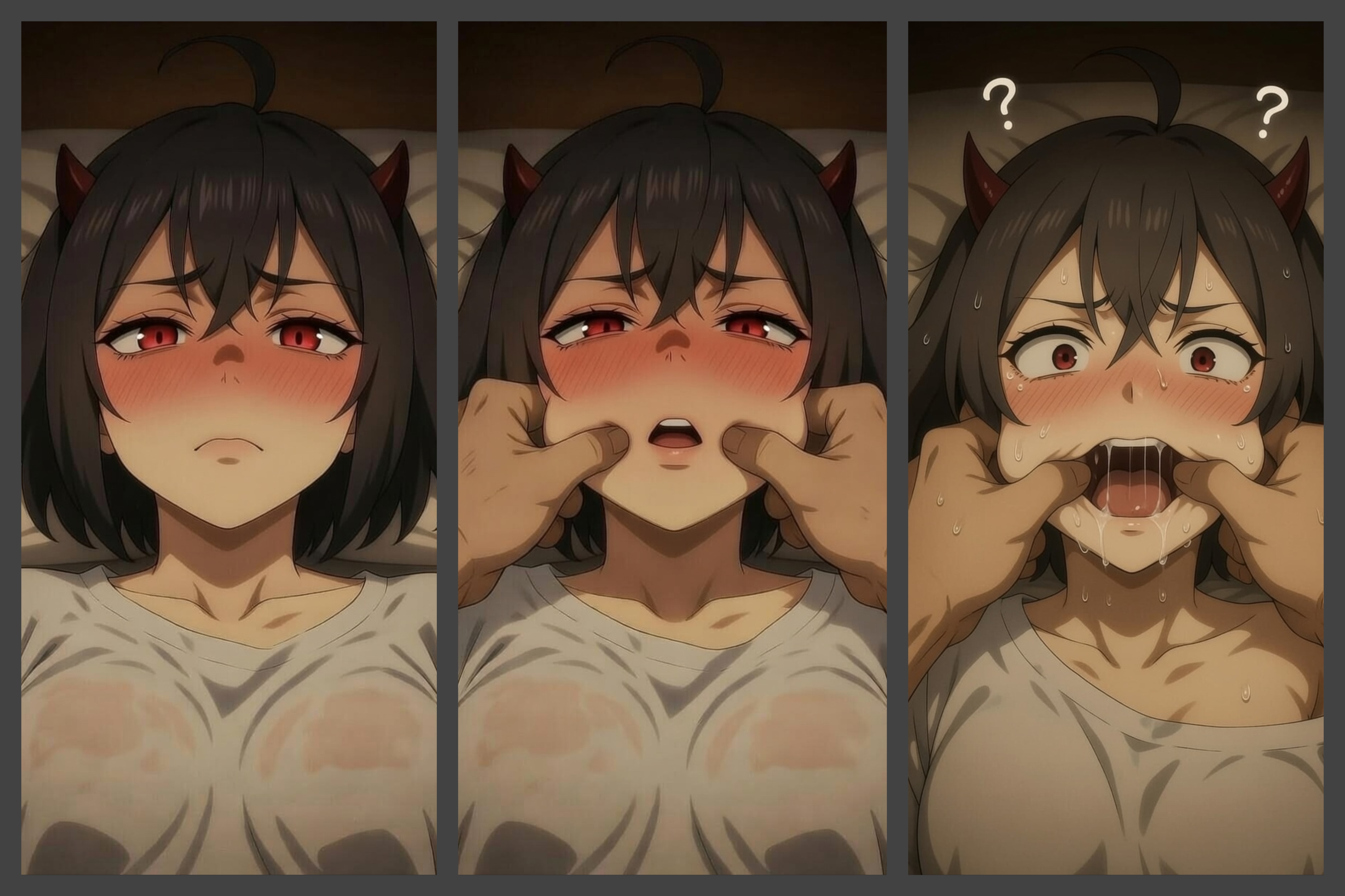 ahe gao, ai assisted, ai generated, aroused, bed, bedroom, best quality, black clover, black hair, blush, close up, confused, dark lighting, drooling, ecstatic, embarrassed, female, fingers in mouth, flushed face, hands on cheeks, head tilted back, heavy drool, horns, lying on back, masterpiece, off shoulder, oversized shirt, overwhelmed, pov from above, pulling cheeks, question marks, red eyes, rolled up eyes, saliva trail, secre swallowtail, shocked, short hair, solo, stretching mouth, sweat, sweatdrops, tongue out, wide mouth