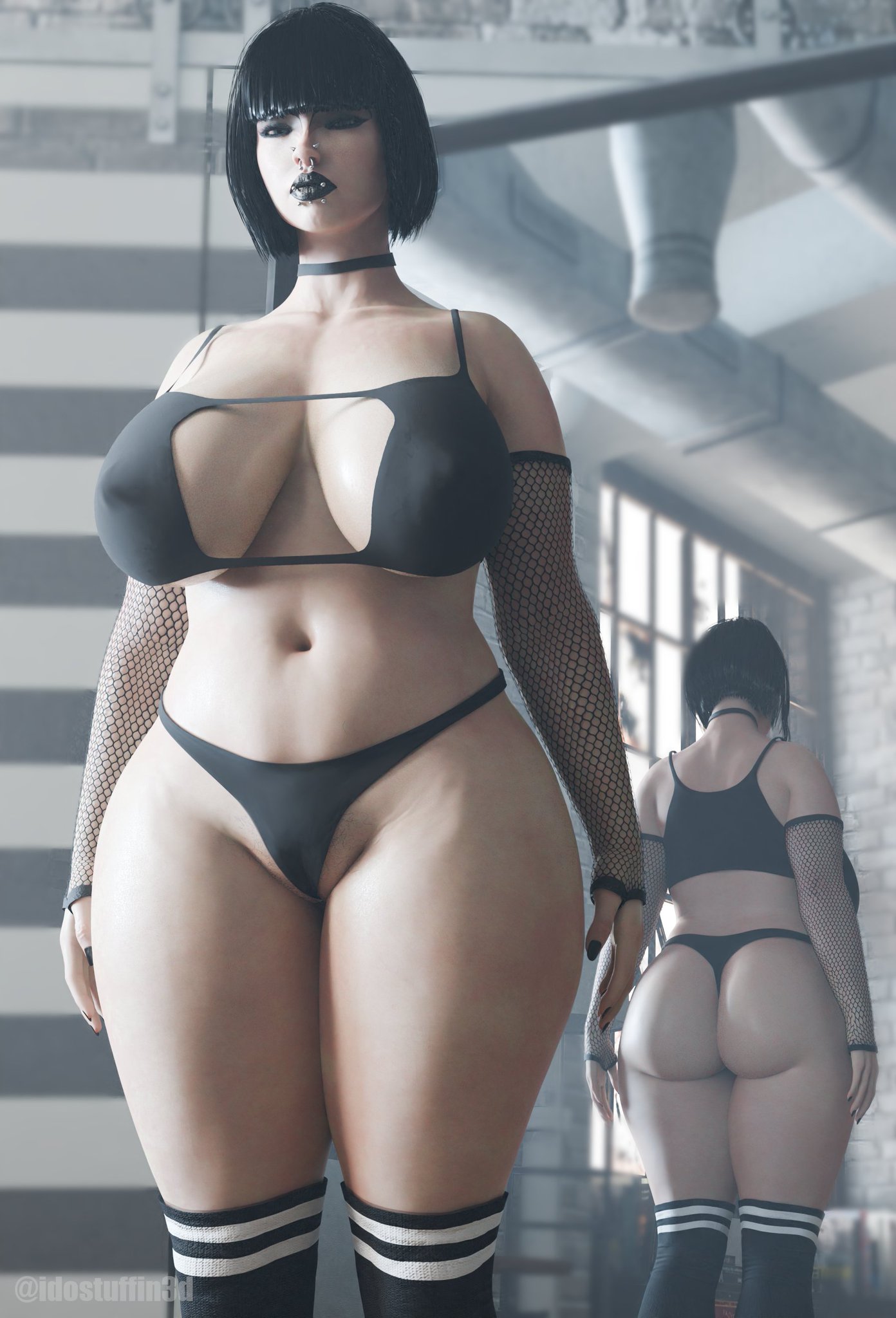 1girls, 3d, 3d render, armwear, ass, bare shoulders, belly, belly button, big ass, big breasts, bikini, black bikini, black lipstick, black nails, black panties, bob cut, breasts, breasts apart, cameltoe, choker, collarbone, curvaceous, curvy, curvy body, curvy female, curvy figure, elbow gloves, female, female only, female pubic hair, fingerless gloves, fishnet armwear, fishnet elbow gloves, front view, goth, goth girl, idostuffin3d, indoors, kneesocks, l, light skin, light-skinned female, lips piercing, looking at viewer, madeline zoldak, makeup, mirror reflection, nipple piercing, nipples, nose piercing, pale-skinned female, panties, piercing, pubic hair, pussy, reflection, short hair, solo, solo female, thick thighs, twitter username, voluptuous, voluptuous female, wide hips