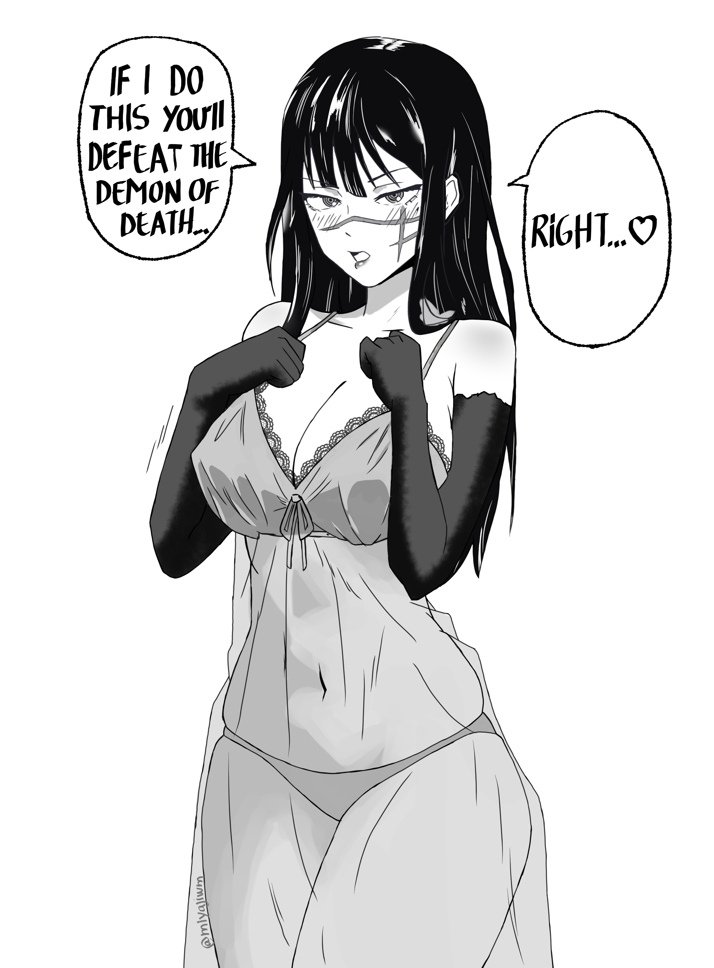 artist request, big breasts, blush, breasts, bribe, bribery with sex, chainsaw man, dialogue, elbow gloves, english text, hourglass figure, imminent sex, lace, lace trim, large breasts, lingerie, long hair, looking at viewer, mitaka asa, miyajiwm, navel, nightgown, nipple bulge, nipples, nipples visible through clothing, panties, prosthetic, prosthetic arm, prostitution, scar, scar on face, see-through, see-through clothing, sex as payment, skindentation, speech bubble, spiral eyes, thick thighs, thighs, translucent, translucent clothing, yoru (chainsaw man)