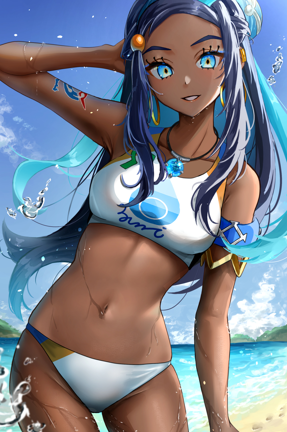 1girls, aqua hair, arm tattoo, beach, black hair, blue eyes, breasts, crop top, dark skin, dark-skinned female, earrings, eyelashes, eyeshadow, female, female only, footprints, grin, hair bun, hand up, highres, hoop earrings, jewelry, long hair, looking at viewer, makeup, medium breasts, midriff, multicolored hair, navel, necklace, nessa (pokemon), nintendo, pokemon, pokemon ss, pokemon swsh, sand, setta shu, shore, smile, solo, swimsuit, tattoo, teeth, two-tone hair, water