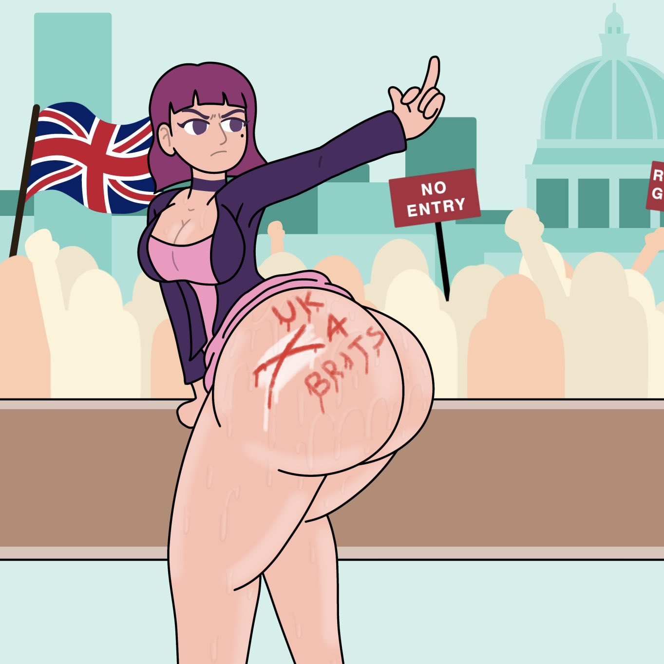 1girls, 2d, alt girl, amelia (pathways), ass, ass focus, ass writing, background crowd, beauty mark, beauty mark on face, beauty mark under eye, big ass, big breasts, body writing, bottomless, bottomless female, breasts, british, british female, bubble butt, choker, city, city background, cleavage, crowd, crowd background, dress, dress lift, emo, emo girl, exposed thighs, eyelashes, female, female ass, female ass focus, female focus, female only, flipping off, flipping the bird, frown, frown eyebrows, frowning, frowning female, lemonmelon, light skin, light-skinned female, middle finger, mole, mole on face, mole under eye, outdoors, outside, pale skin, pale-skinned female, pathways (game), politics, presenting, presenting ass, presenting hindquarters, protest, protesting, public, public exposure, public nudity, purple choker, purple eyes, purple hair, purple topwear, shoulder length hair, solo, solo female, solo focus, standing, sweat, sweating, sweaty, sweaty ass, sweaty legs, thighs, uncensored, union jack, video game character, video games, words on body, writing on ass, writing on body