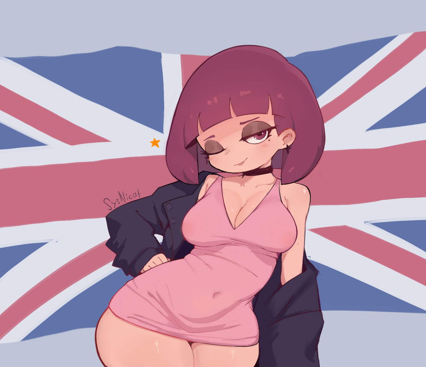 2d, amelia (pathways), british, british female, busty, dress, emo, emo girl, female, female focus, female only, hourglass figure, jacket, pathways (game), pinup, pinup pose, sysnicat, tagme, wide hips