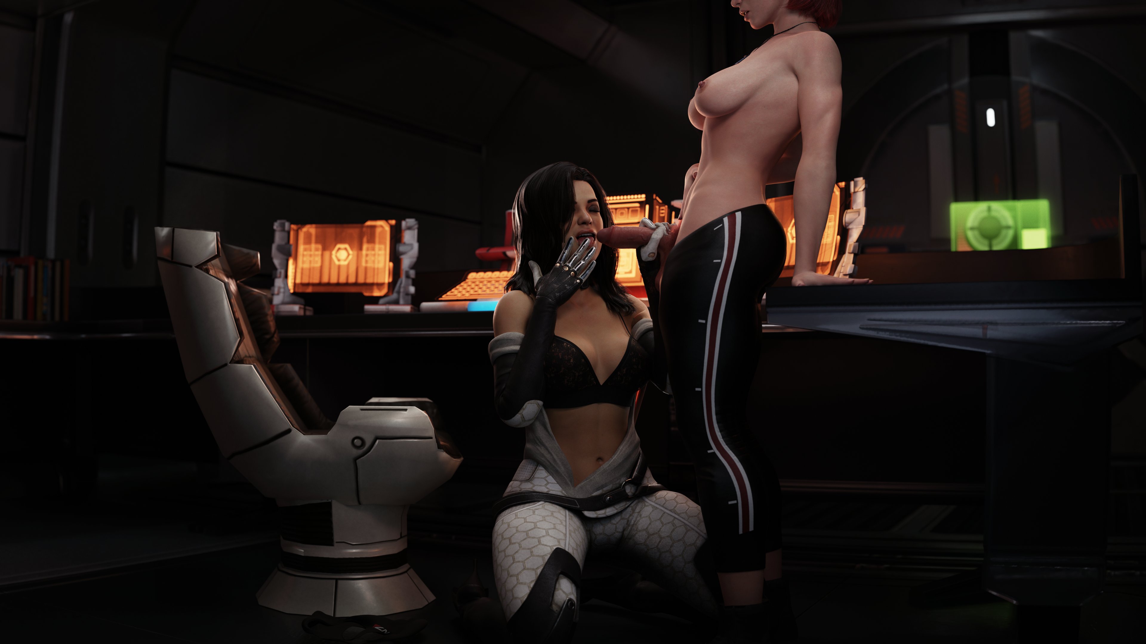 2girls, 3d, 3d (artwork), bioware, black bra, black hair, commander shepard, dinoboy555, femshep, futa on female, futanari, grabbing penis, hi res, high resolution, licking fingers, looking at penis, mass effect, miranda lawson, on knees, pants pulled down, shirtless, unzipped bodysuit