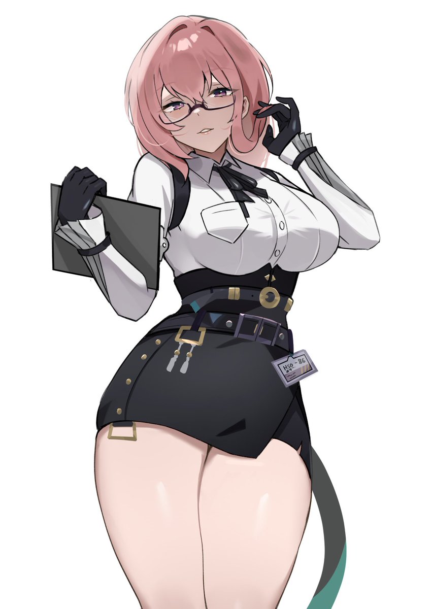 1girls, belt, black belt, black gloves, black ribbon, black skirt, breasts, female, female only, gloves, hair intakes, highres, large breasts, long hair, looking at viewer, neck ribbon, parted lips, pencil skirt, pink hair, purple eyes, ribbon, shirt, simple background, skirt, solo, standing, thighs, tsukishiro yanagi, white background, white shirt, zenless zone zero, zet (twt zet)