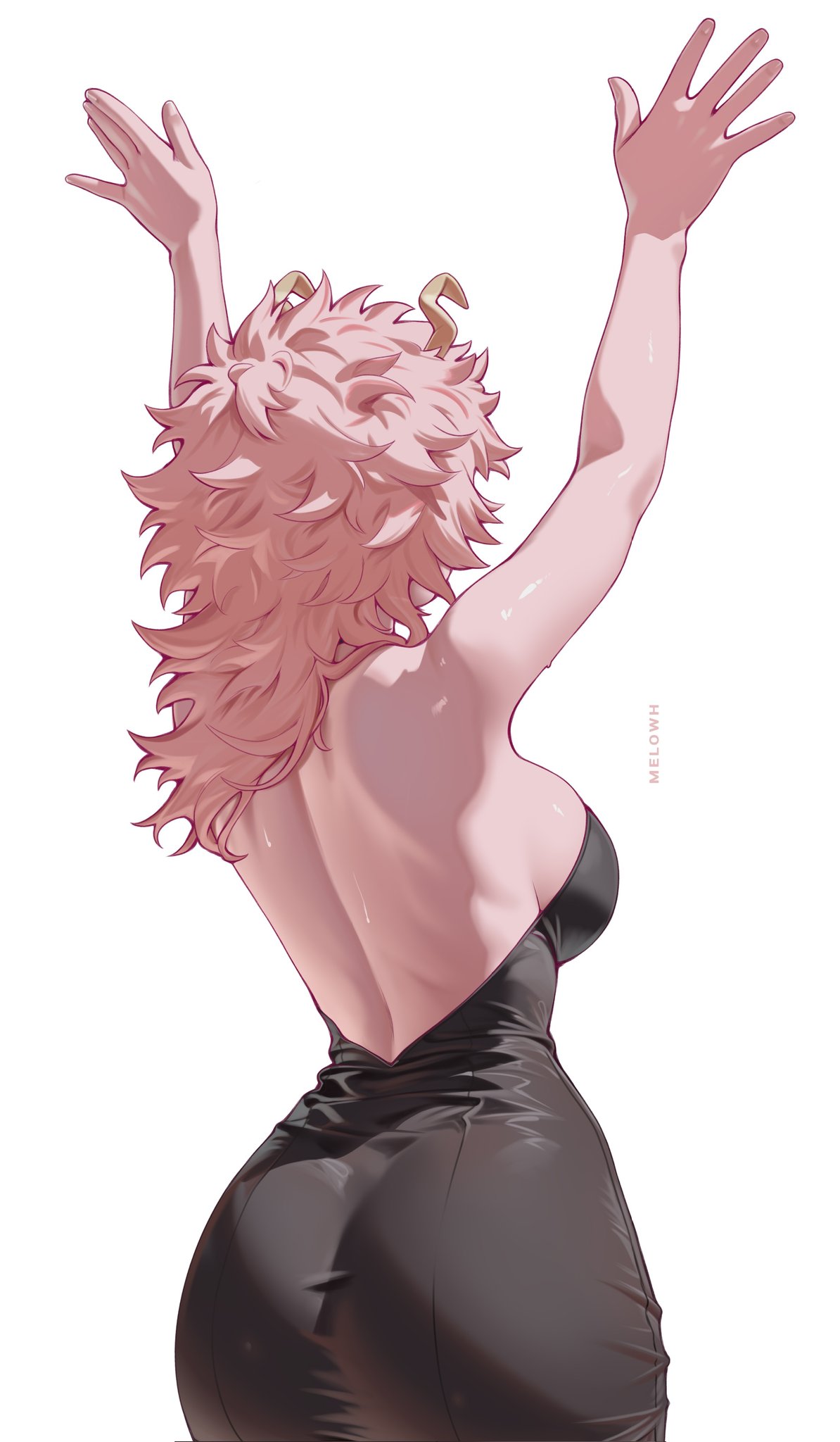 1girls, ashido mina time-skip, ass, backless dress, backless outfit, boku no hero academia, dress, female, female focus, female only, halter dress, halterneck, large ass, long hair, melowh, mina ashido, mina ashido curvy (meme), mina ashido time-skip, my hero academia, my hero academia (finale), pink body, pink hair, post-timeskip, solo, thick thighs, thighs, wide hips