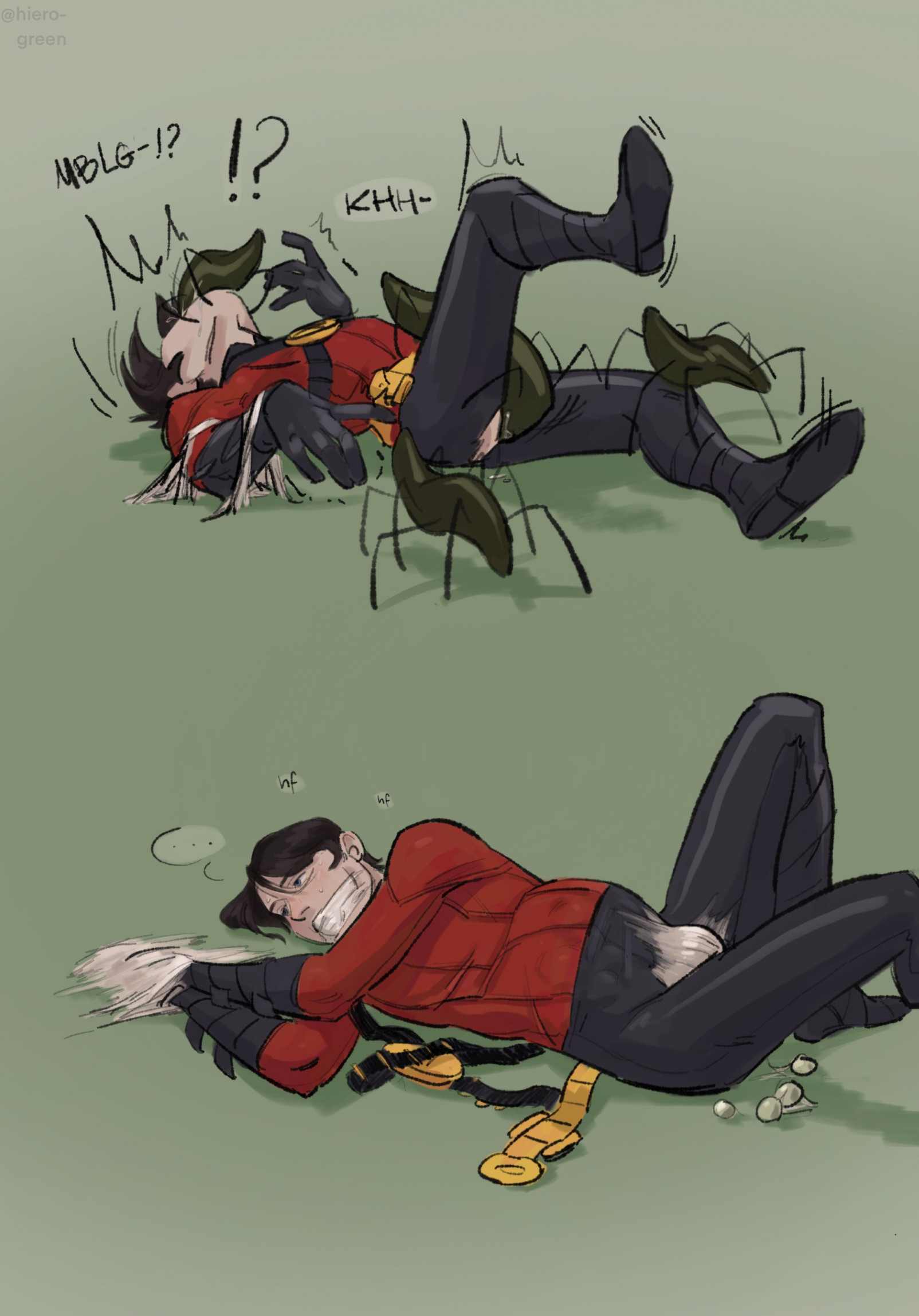 1boy, anal, belly bulge, big belly, bug, dc, dc comics, deepthroat, egg, egg laying, eggs, gag, gagging, hierogreen, insects, male, male only, nonconsensual, oral, peril, red robin, restrained, robin (dc), robin (tim drake), sticky, sticky restraint, struggling, stuffing, tim drake, webbing