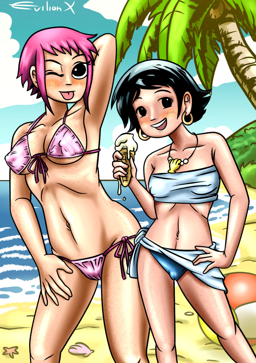 beach big_breasts bikini breasts evilionx knives_chau mob_face pink_hair ramona_flowers scott_pilgrim swimsuit