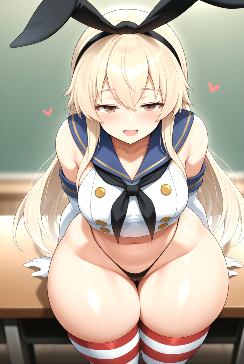 absurdres, ai art, ai generated, ai-created, arms behind back, big thighs, black hairband, black neckerchief, blonde hair, blue sailor collar, blush, crop top, curvy, elbow gloves, facing viewer, from adove, grey eyes, hairband, half-closed eyes, head on, heart symbol, highleg panties, kantai collection, leaning forward, leaning on table, long hair, looking at viewer, massive thighs, medium breasts, micro panties, neckerchief, neckline, open mouth, sailor collar, seductive eyes, shimakaze (kantai collection), shiny skin, shirt, sleeveless shirt, smile, striped clothes, striped thighhighs, thick hips, thick legs, thick thighs, thick thigs, thighs bigger than head, voluptuous, white gloves, wide hips