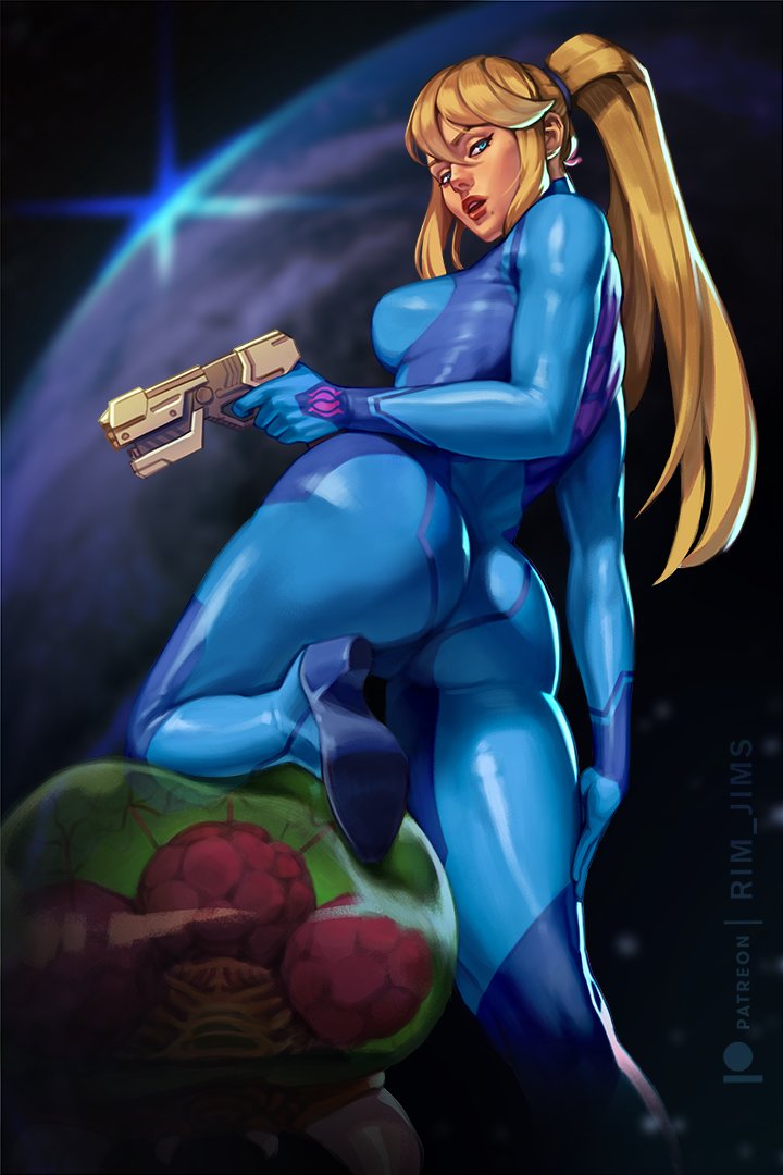 aqua eyes, artist name, ass, blue bodysuit, blurry, blurry background, bodysuit, breasts, commentary, english commentary, female, foot out of frame, from behind, from below, gun, hair up, hand on own thigh, high heels, high ponytail, holding, holding gun, holding weapon, left-handed, long hair, looking at viewer, looking back, medium breasts, metroid, metroid (creature), metroid larva, mole, mole under mouth, nintendo, on one knee, open mouth, paralyzer, patreon logo, patreon username, planet, ponytail, rim jims, samus aran, sidelocks, skin tight, solo, space, standing, standing on one leg, weapon, zero suit, zero suit samus