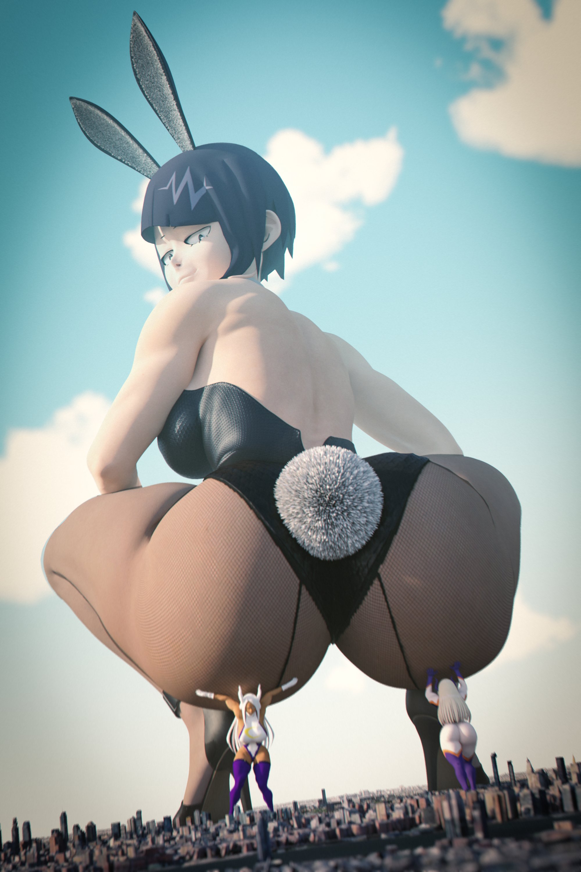 ass, blonde hair, bunnysuit, giant, giant ass, giantess, kamicamie, kyoka jiro, macro female, micro city, mirko, mount lady, multiple girls, my hero academia, purple hair, white hair