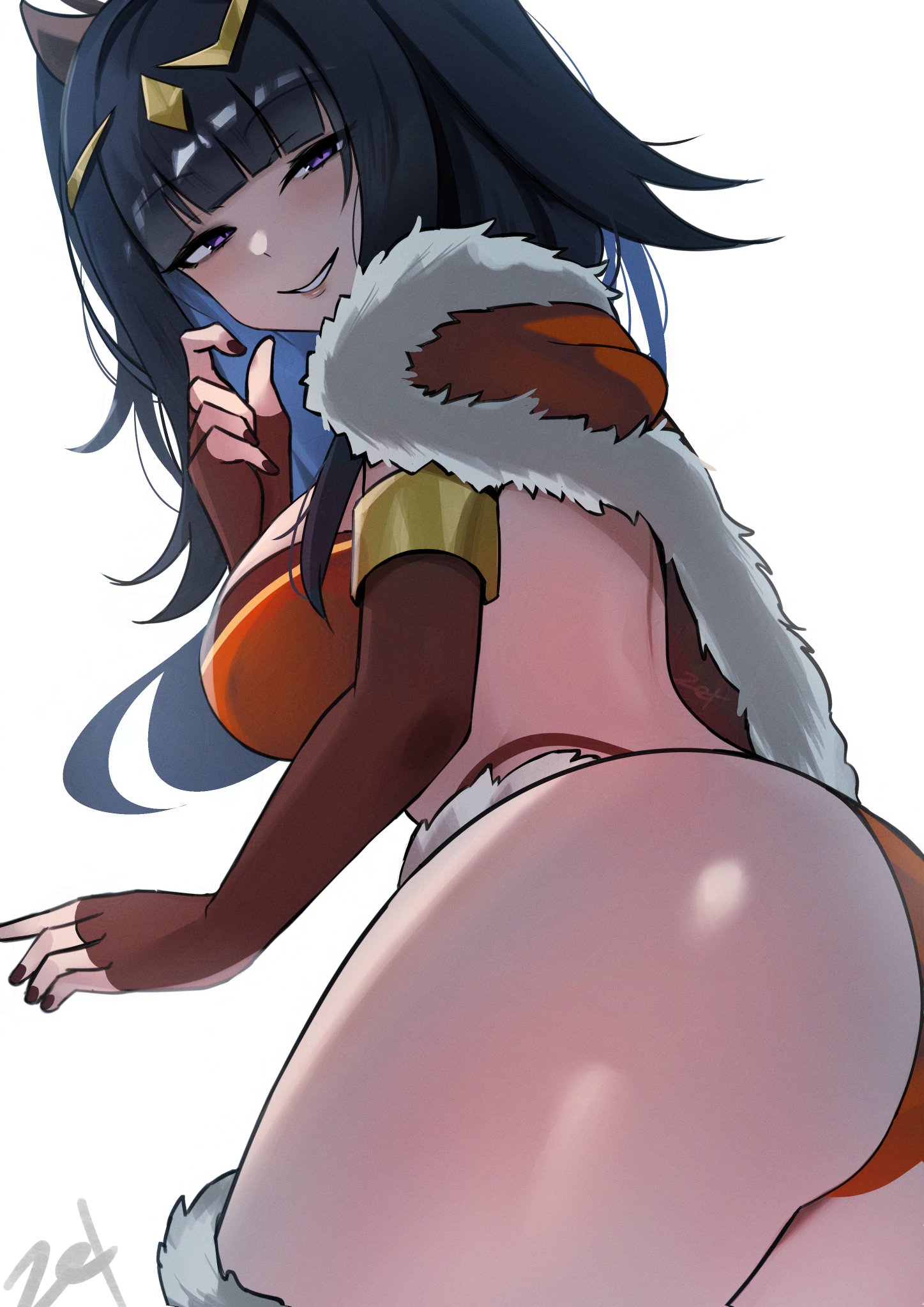 1girls, ass, ass focus, black hair, black nails, blush, bra, breasts, cape, elbow gloves, female, female only, fingerless gloves, fire emblem, fire emblem awakening, fire emblem heroes, fur trim, fur-trimmed cape, gloves, highres, large breasts, looking at viewer, median furrow, nail polish, nintendo, official alternate costume, panties, purple eyes, red bra, red panties, smile, solo, squinting, tharja ("normal girl") (fire emblem), tharja (fire emblem), thick thighs, thighs, two side up, underwear, zet (twt zet)