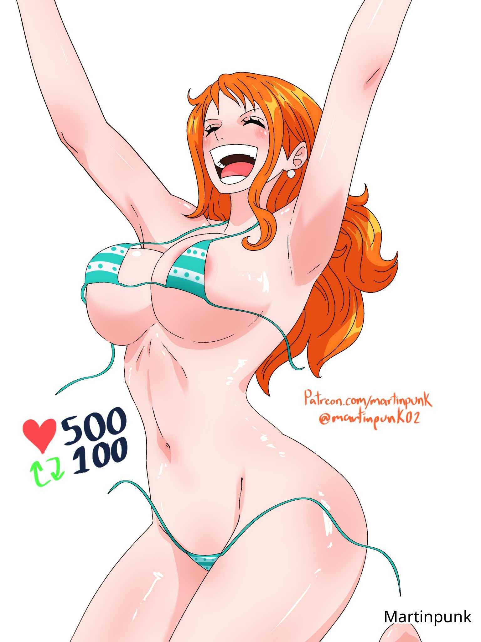 1girls, 2d, 2d (artwork), 2d artwork, adult, adult female, areola slip, areolae, areolae slip, arm above head, arm up, armpit, armpit crease, armpit peek, armpits, arms above head, arms up, bare armpits, bare arms, bare belly, bare chest, bare hands, bare hips, bare legs, bare midriff, bare navel, bare shoulders, bare skin, bare thighs, belly, belly button, big breasts, bikini, bikini bottom, bikini only, bikini top, breasts, busty, busty female, busty girl, collarbone, curvaceous, curvaceous body, curvaceous female, curvaceous figure, curvaceous hips, curvy, curvy body, curvy female, curvy figure, curvy hips, digital, digital art, digital drawing, digital drawing (artwork), digital media, digital media (artwork), earrings, elbows, exposed armpits, exposed arms, exposed belly, exposed chest, exposed hips, exposed legs, exposed midriff, exposed navel, exposed shoulders, exposed skin, exposed thighs, female, female focus, female only, ginger, ginger hair, green bikini, green bikini bottom, green bikini top, green swimsuit, green swimwear, groin, hairless armpits, halterneck, hand above head, hand up, hands above head, hands up, high resolution, highres, hourglass figure, inframammary fold, inguinal crease, inguinal ligament, jumping, large boobs, large breasts, lean figure, linea alba, long hair, martinpunk, mature, mature female, midriff, nami (one piece), narrow waist, navel, one piece, open mouth, open mouth smile, orange eyebrows, orange eyes, orange hair, orange hair female, orange-eyed female, orange-haired female, parted lips, post-timeskip, presenting armpit, shaved armpits, shoulders, simple background, slender body, slender waist, slim waist, smile, smiley face, smiling, solo, stomach, string bikini, swimsuit, swimwear, thick thighs, thighs, tongue, underboob, upper body, upper teeth, wavy hair, white background, wide hips