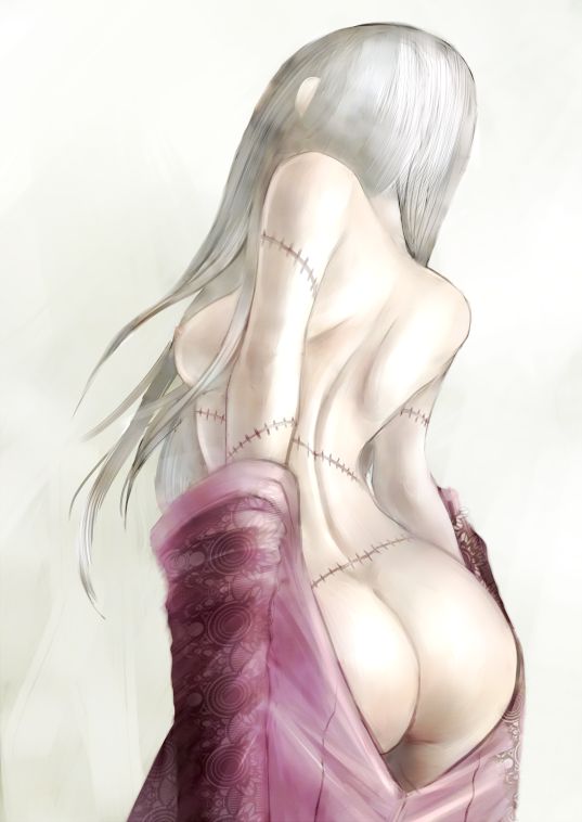 1girls artist_request ass breasts deadman_wonderland dress_down female female_only long_hair medium_breasts nipples pale-skinned_female pale_skin red_eyes scar shiro_(deadman_wonderland) small_breasts solo stitched stitches tagme teenager white_background white_hair white_skin