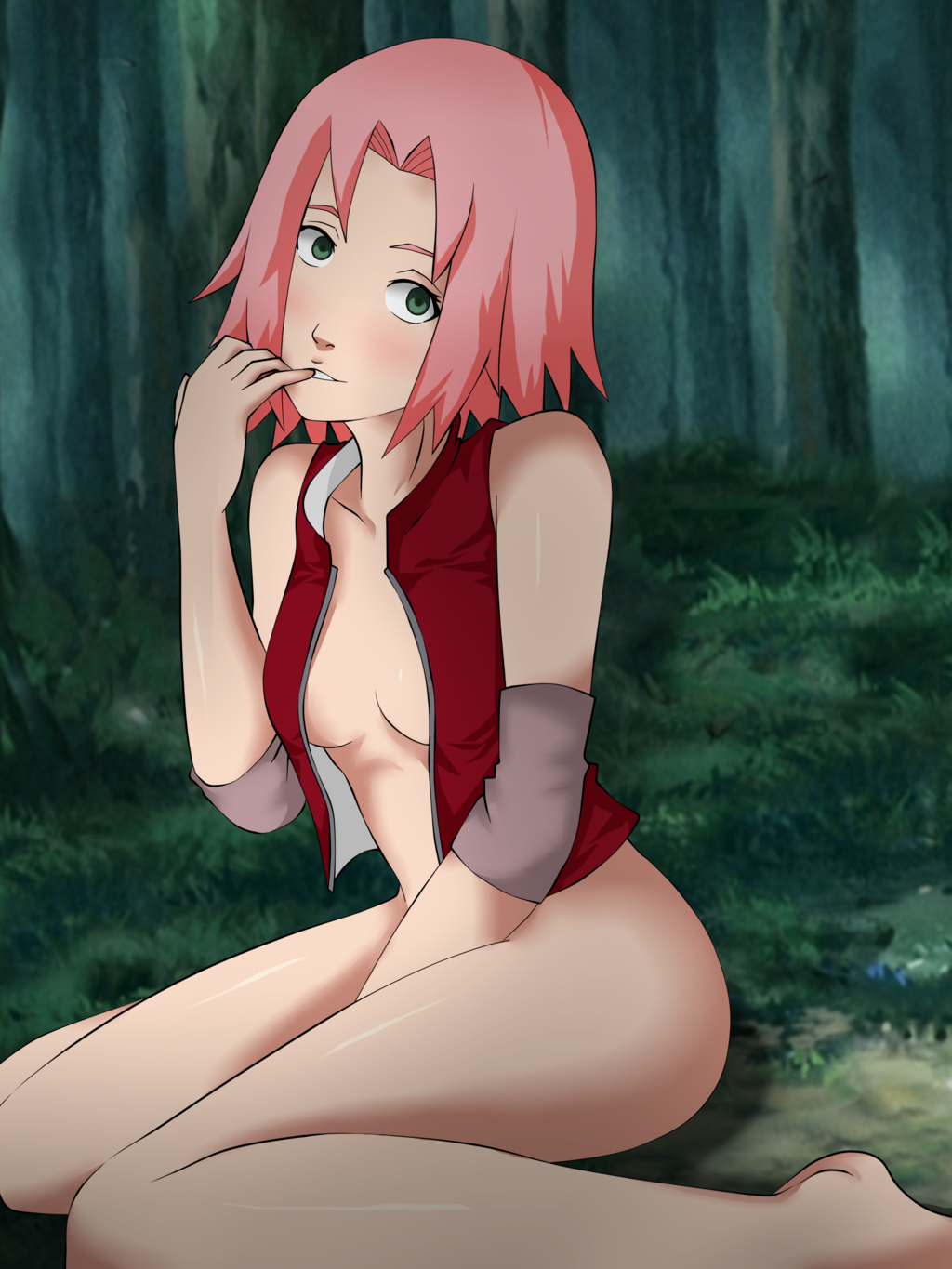 1girls ass bare_legs bare_shoulders big_ass bike_shorts blush breasts empty_eyes female female_only fingers forest grass green_eyes hands highres hips ilhambritannia knees legs looking_at_viewer medium_breasts medium_hair naruto naruto_(series) naruto_shippuden no_bra no_panties open_clothes pale_skin pink_hair sakura_haruno seductive seductive_look shiny shiny_skin short_hair sitting slim solo stomach teenager tree wood