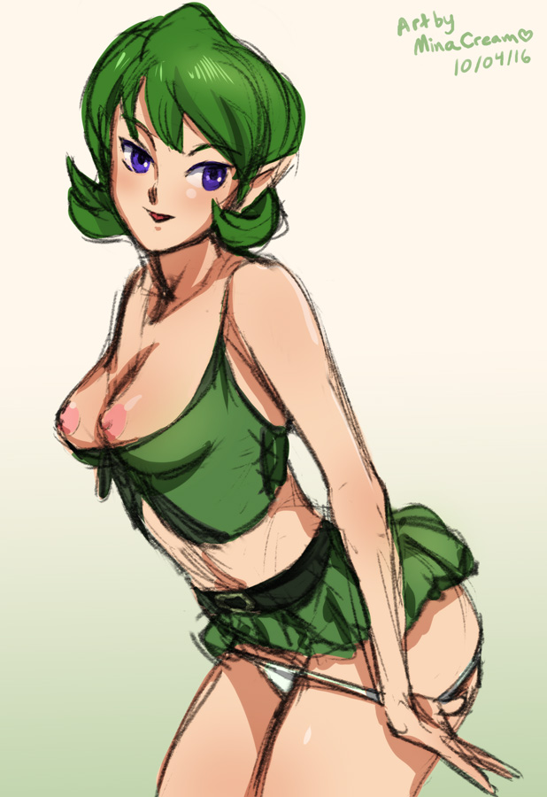 blue eyes, breasts, clothing, female, green hair, hairband, minacream, nipples, ocarina of time, panties, panty pull, pointy ears, saria, short hair, solo, the legend of zelda, white panties