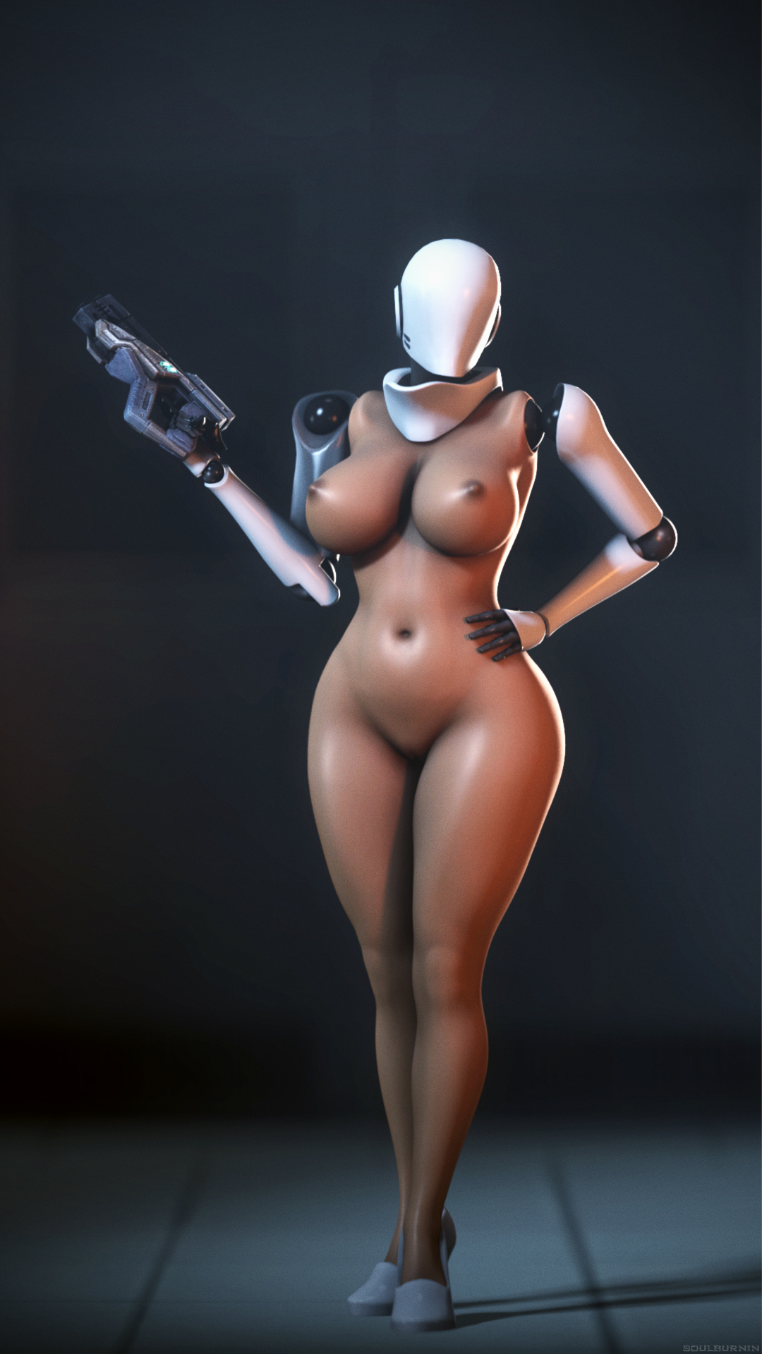 1girls, 3d, 3d (artwork), ass, bare legs, bare shoulders, big ass, breasts, curvy, cyborg, dark skin, dark-skinned female, female, female only, fingers, full body, grey background, gun, hand on hip, hands, haydee, haydee (game), heels, helmet, high heels, hips, large breasts, legs, naked footwear, naked heels, nipples, nude, prosthetic arm, pussy, robot, solo, soulburnin, soulsfm, source filmmaker, standing, stomach, weapon, wide hips