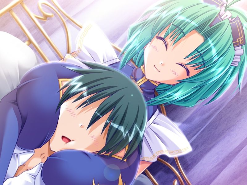 00s 1boy 1girls aizen_rio bed black_hair blue_clothing blush breast_smother breasts chinese_clothes chinese_dress cleavage cleavage_cutout closed_eyes clothed clothing cute dress eyebrows_visible_through_hair female game_cg green_hair happy head_between_breasts indoors large_breasts maid maid-san_to_ookina_ken maid_headdress male may-be_soft no_eyes open_mouth pillow shirt short_hair tongue