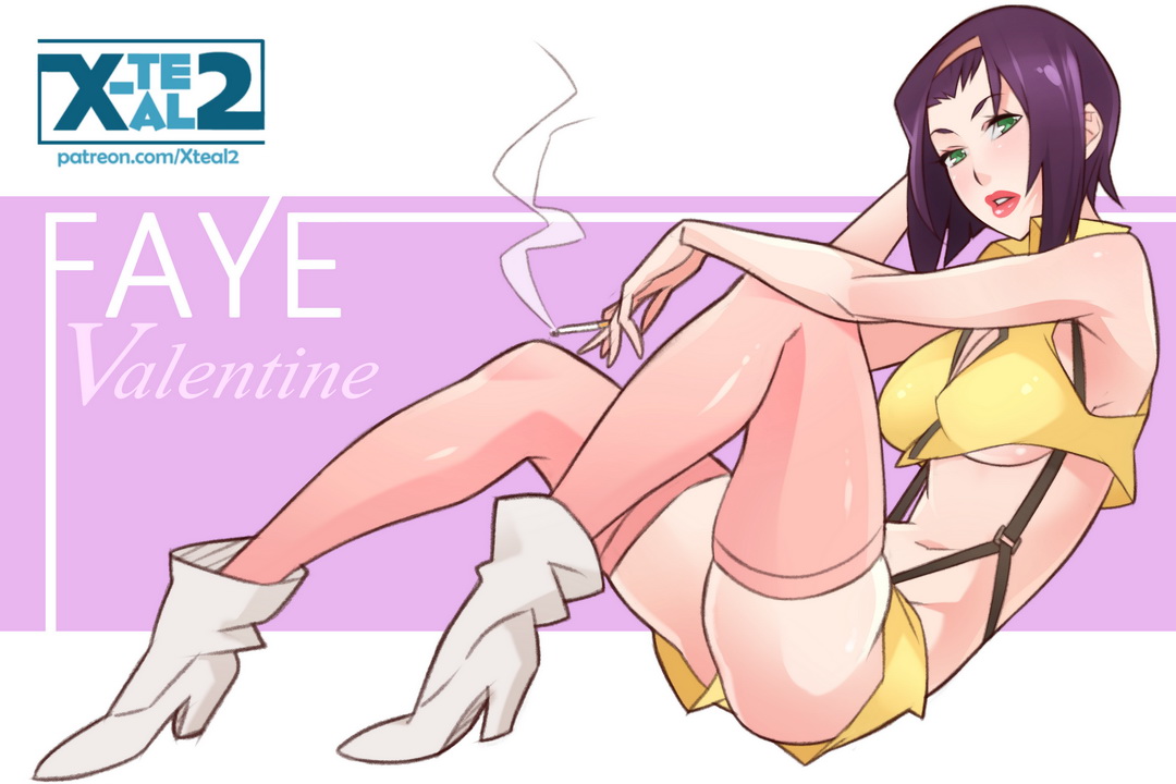 1girls, artist logo, breasts, character name, cigarette, cowboy bebop, faye valentine, female, green eyes, hairband, high heels, human, large breasts, legs, light skin, light-skinned female, pale skin, pale-skinned female, patreon url, pink background, purple hair, short hair, smoking, solo, white background, x-teal