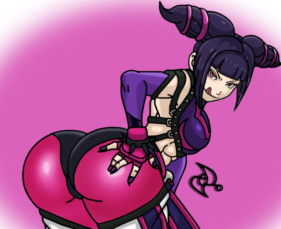 :p, 1girls, abs, ass, bent over, big ass, black hair, bodysuit, breasts, capcom, doggy style, drill hair, female, female only, fingers, gloves, hand on ass, juri han, looking at viewer, looking back, medium breasts, nails, omarsin, pink background, pink eyes, pink gloves, purple gloves, shiny, shiny skin, smile, solo, stomach, street fighter, street fighter iv, tongue, tongue out