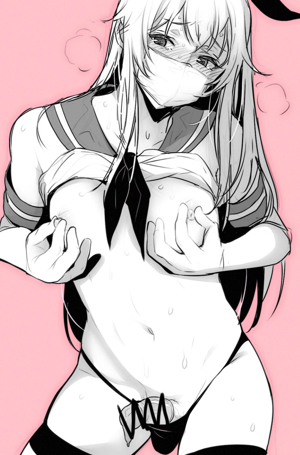 1boy blush censored collarbone condom contrapposto crossdressing femboy heavy_breathing highres inari_(inariya) inari_(kimitama0902yahoocojp) kantai_collection long_hair looking_to_the_side male mask nipple_tweak penis shimakaze_(kantai_collection) shirt_lift skindentation solo solo_male sweat used_condom