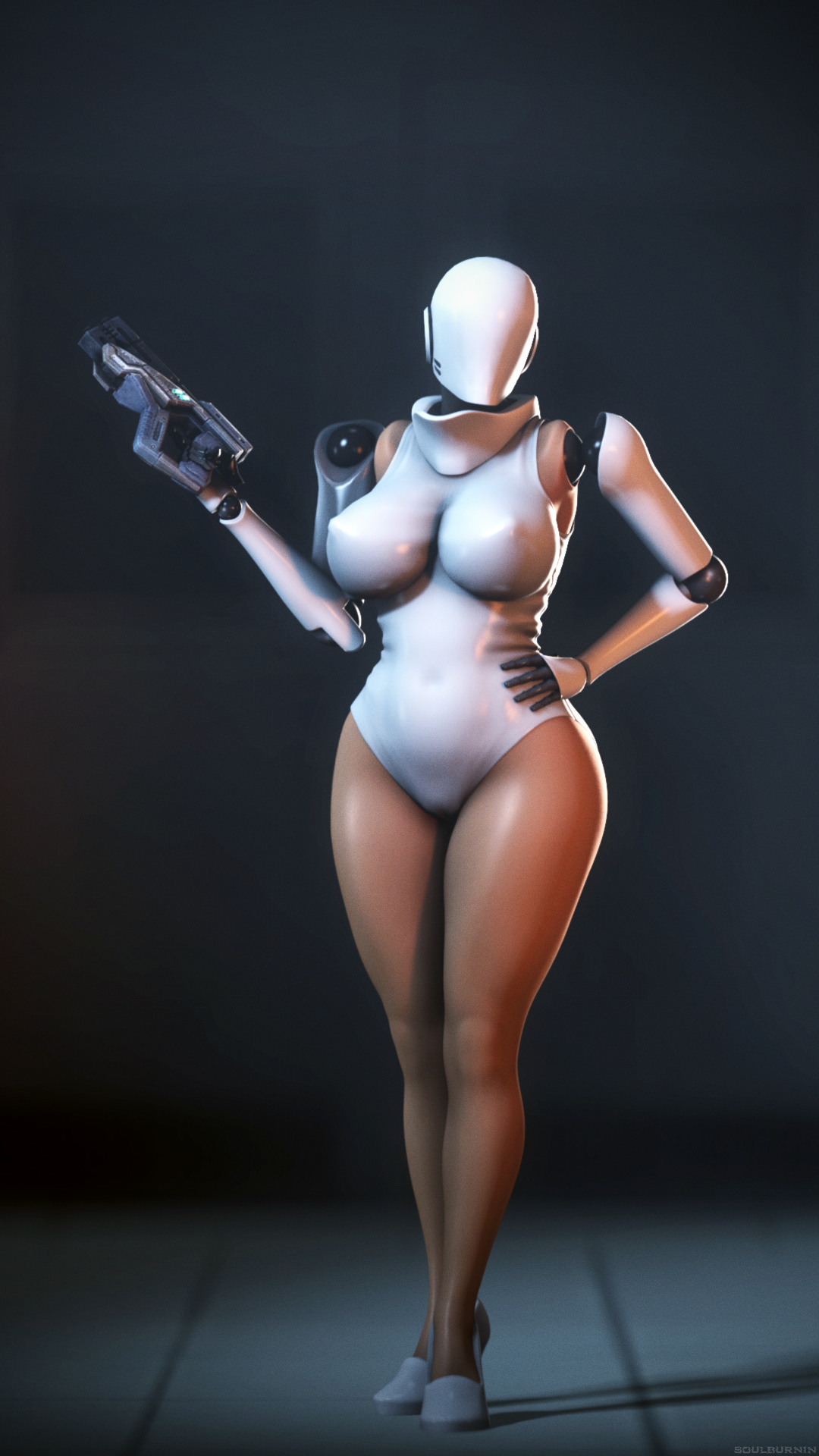 1girls, 3d, ass, bare legs, bare shoulders, big ass, breasts, clothes, cyborg, dark skin, dark-skinned female, female, female only, fingers, full body, grey background, gun, hand on hip, hands, haydee, haydee (game), heels, helmet, high heels, hips, large breasts, legs, leotard, nipples, prosthetic arm, pussy, robot, see-through, solo, soulburnin, soulsfm, source filmmaker, standing, stomach, weapon, white leotard, wide hips