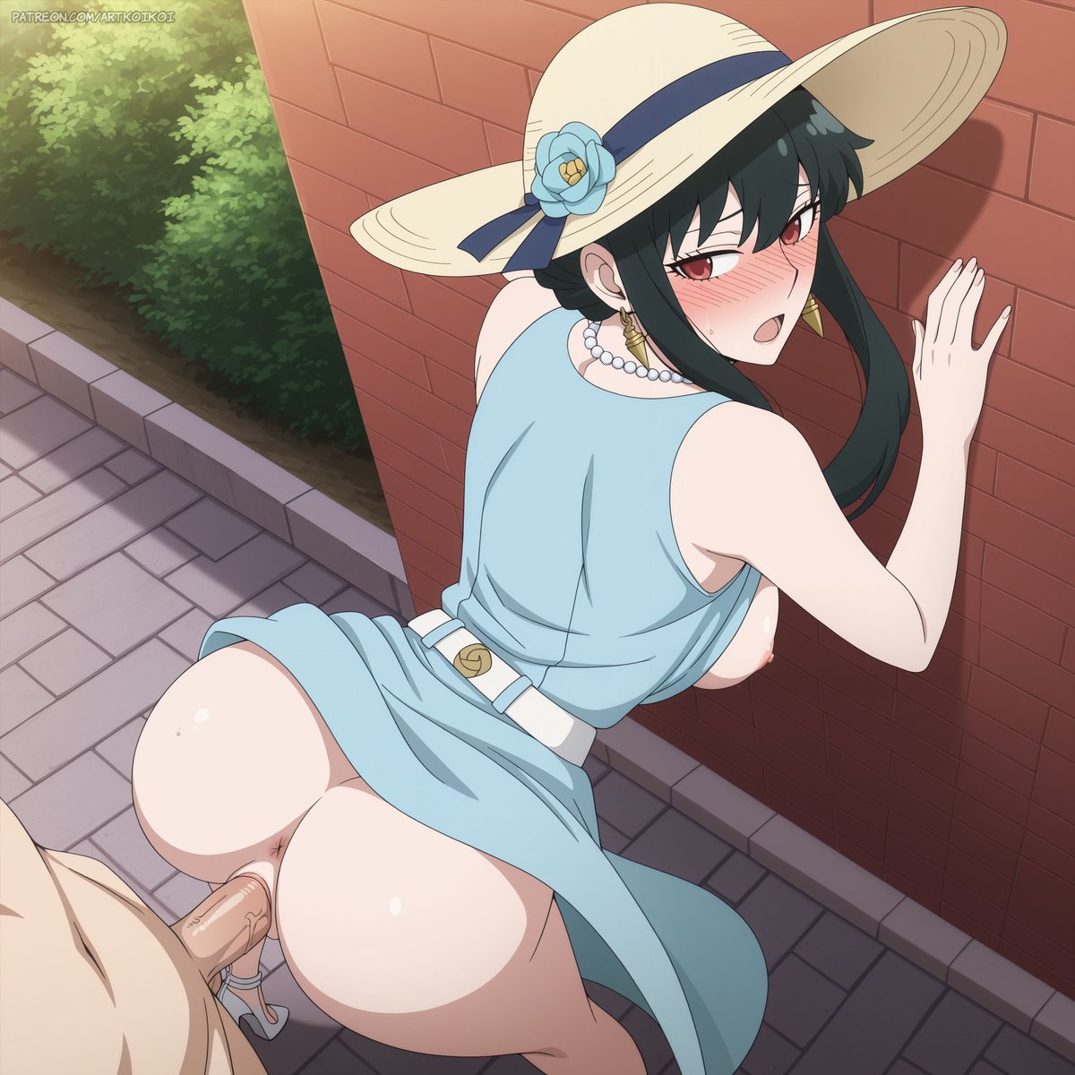 1boy, 1girls, against wall, ai generated, alternate costume, from behind, hat, high heels, panties down, public, public nudity, sex, spy x family, sun hat, sundress, yor briar, yor forger