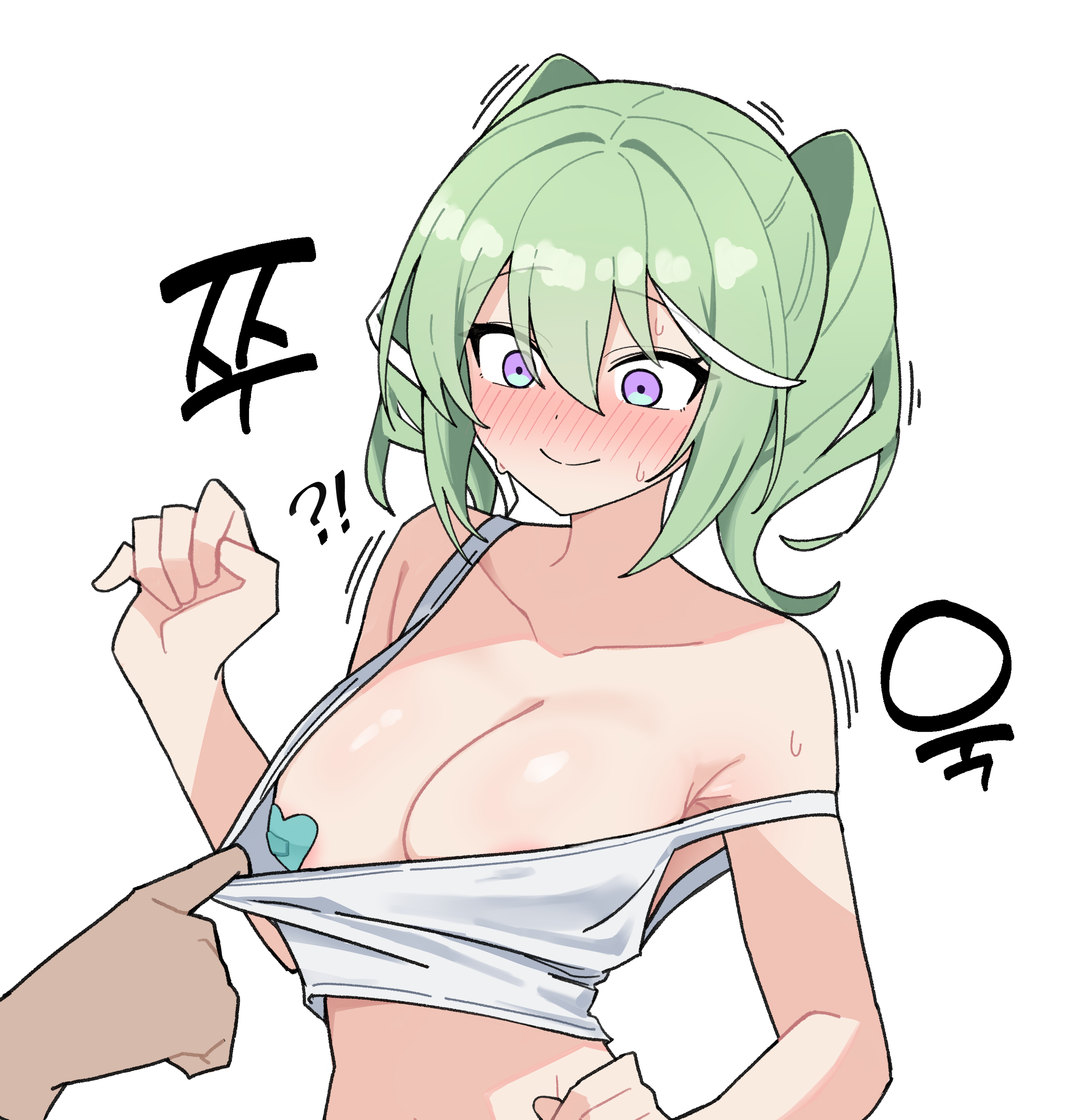 !?, 1girls, 1other, absurdres, armpit crease, blush, breasts, camisole, camisole pull, closed mouth, clothes pull, collarbone, commentary request, crop top, dot nose, green eyes, hair between eyes, hand up, heart pasties, highres, korean commentary, korean text, large breasts, long bangs, maksagwa, medium hair, multicolored hair, no bra, no bra under clothes, nose blush, out of frame, pasties, pulling another's clothes, purple eyes, simple background, smile, split mouth, stellive, strap slip, streaked hair, surprised, sweat, translation request, twintails, upper body, virtual youtuber, white background, white camisole, yuzuha riko