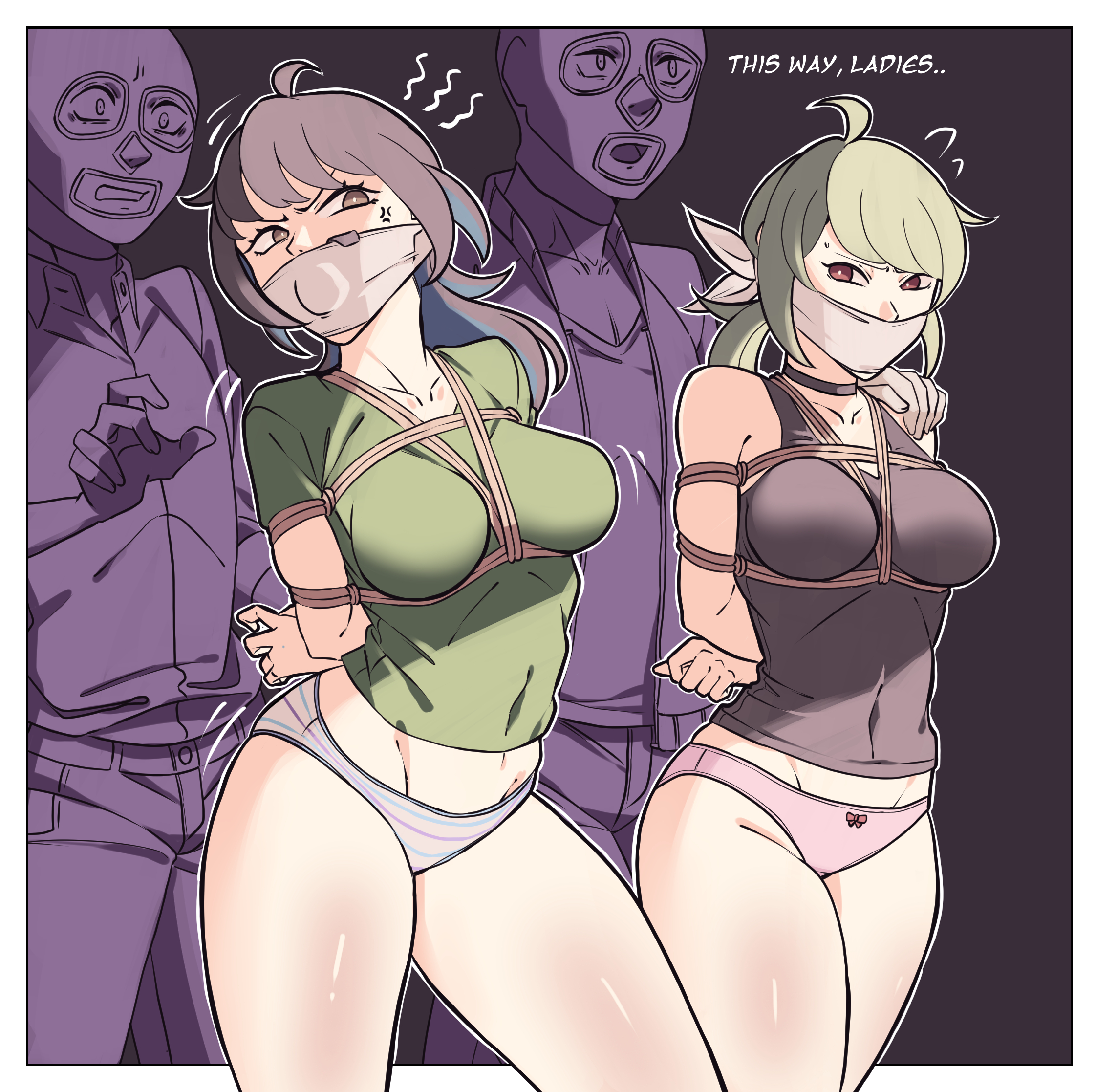 arms behind back, blonde hair, bondage, breasts, damsel in distress, dark hair, kidnapping, nayumika, no pants, panties, rope between breasts, rope harness, shirt and panties, struggling, thighs, two girls