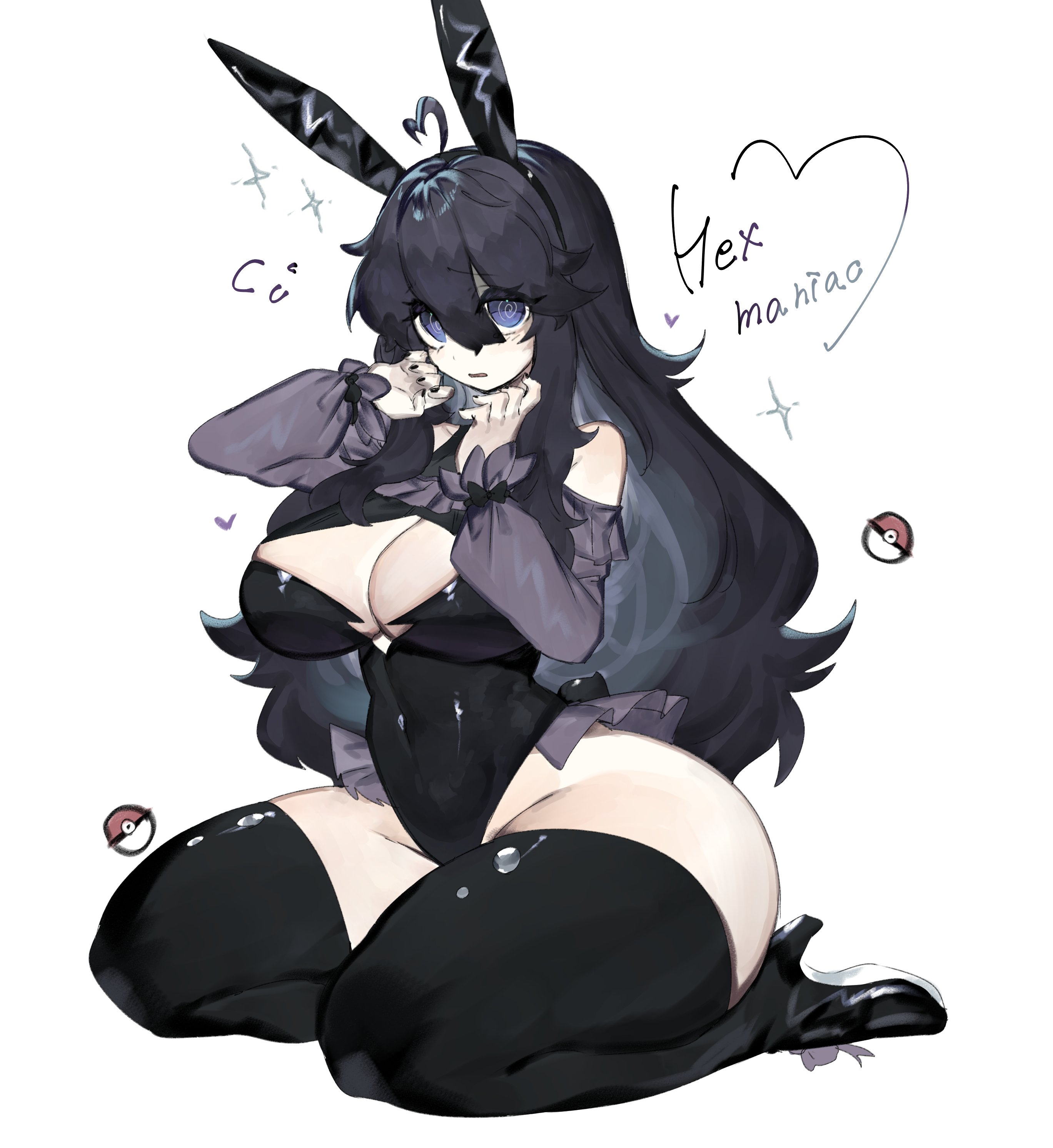 1girls, absurdres, ahoge, animal ears, bare hips, bare shoulders, big butt, black hair, black thighhighs, breasts, cleavage, embarrassed, fake animal ears, fake tail, fat ass, fat hips, female, female only, gluteal fold, hex maniac, hex maniac (pokemon xy), hex maniac (pokemon), high heels, highres, large ass, large breasts, large butt, large hips, long hair, looking at viewer, messy hair, navel, nintendo, plump ass, plump breasts, plump thighs, pokemon, pokemon xy, purple eyes, rabbit ears, rabbit tail, tail, thick ass, thick butt, thick hips, thick thighs, thighhighs, thighs, togetoge, wide hips