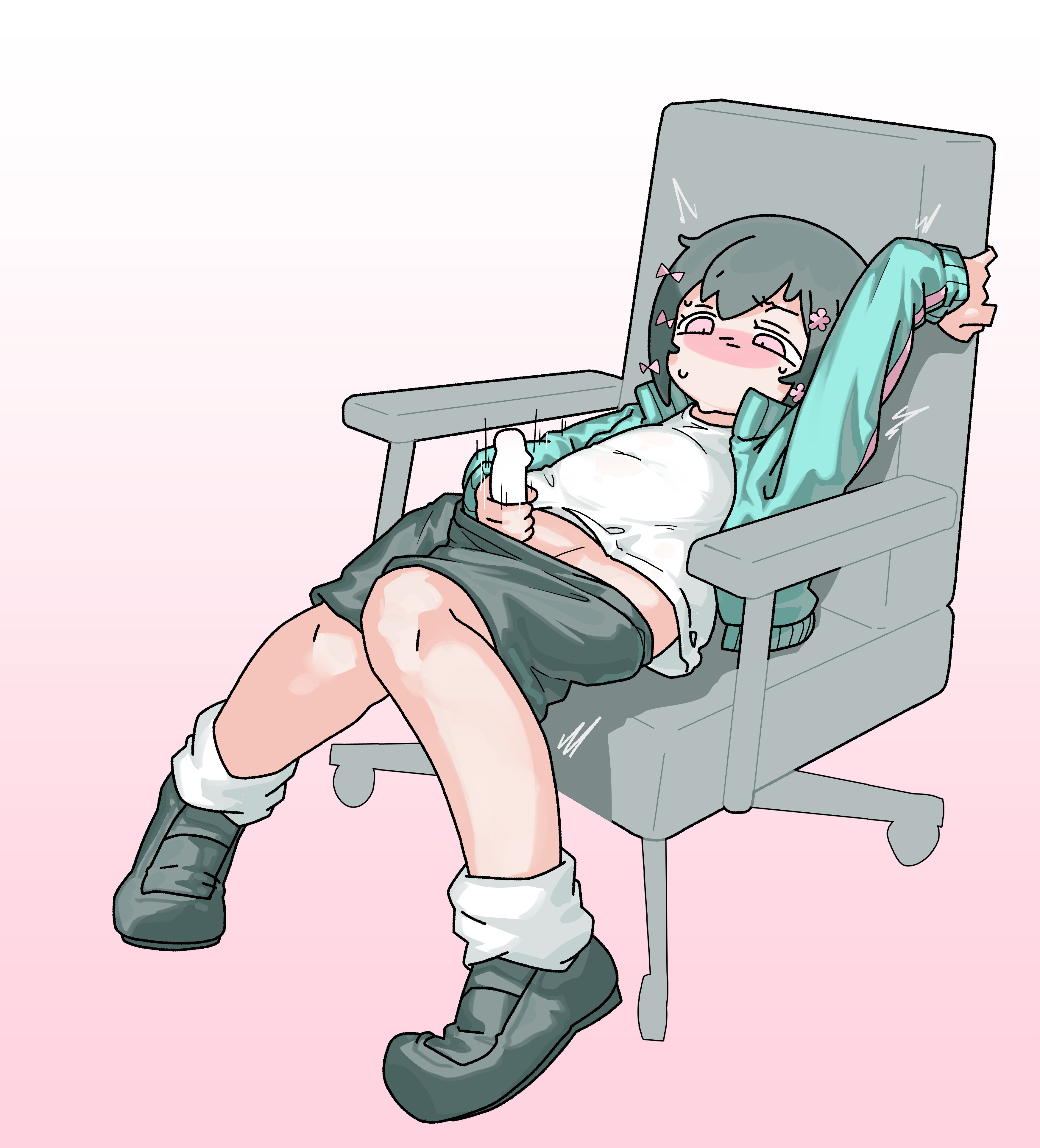 1futa, aqua jacket, black hair, black shoes, black shorts, blush, censored, censored penis, cevio, chair, erect penis, futanari, gaming chair, hair flower, hairbow, iyowa girls, jacket, kurari-chan (iyowa), kyu-kurarin (cevio), masturbating, medoshikorinda, motion lines, mv character, open jacket, pastel colors, penis, pink background, pink eyes, pink flower, short hair, simple background, sweat, vocaloid, white shirt, white socks