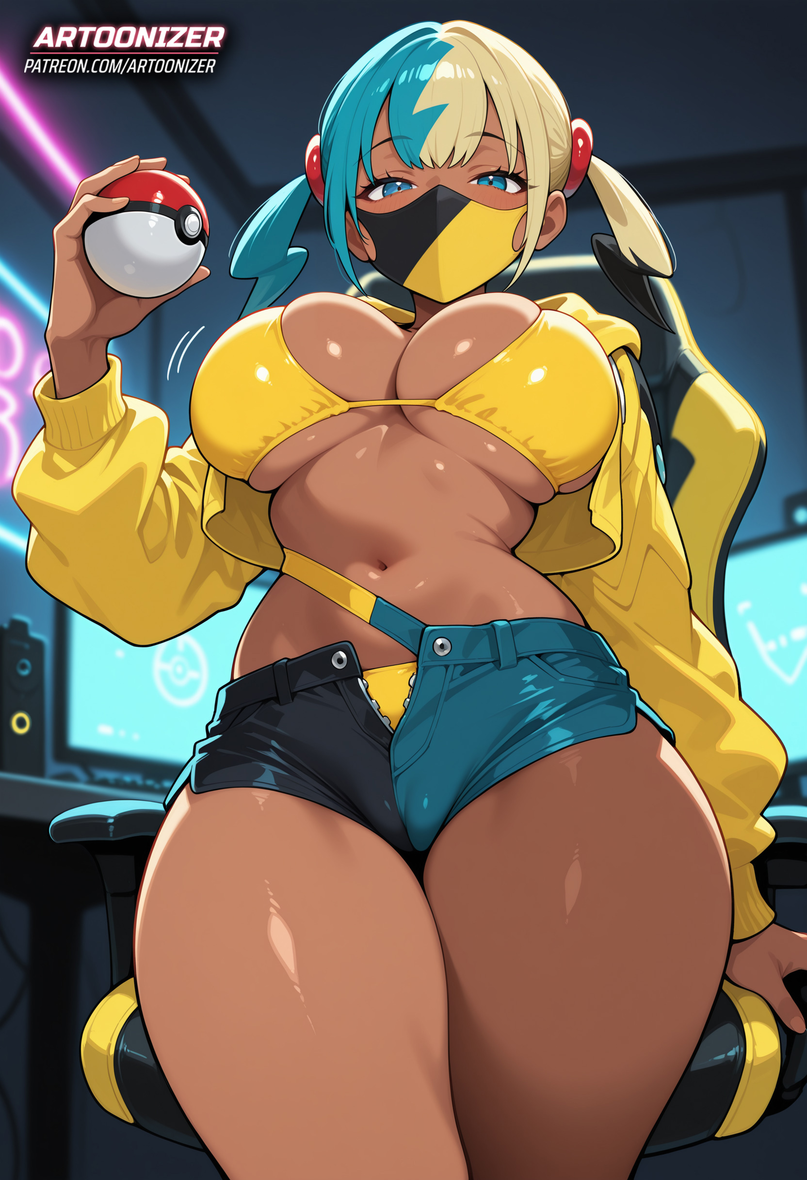 ai generated, aqua hair, artoonizer, big ass, big breasts, blonde hair, blue eyes, blue hair, breasts, canari (pokemon), canary (pokemon), computer, computer monitor, crossed legs, dark skin, dark-skinned female, female, gamer chair, gamer girl, gen 4 pokemon, jacket, large breasts, long sleeves, looking at viewer, mask, monitor, mouth mask, multicolored hair, navel, neon lights, patreon, patreon username, pokeball, pokemon, pokemon (creature), pokemon legends: z-a, posing, pussy, shiny skin, short hair, short twintails, shorts, sitting, solo, solo female, solo focus, split-color hair, stomach, swimsuit, swimwear, thick thighs, toned female, twintails, two-tone hair, two-tone mask, two-tone shorts, viewed from below, wide hips, yellow hair, yellow jacket