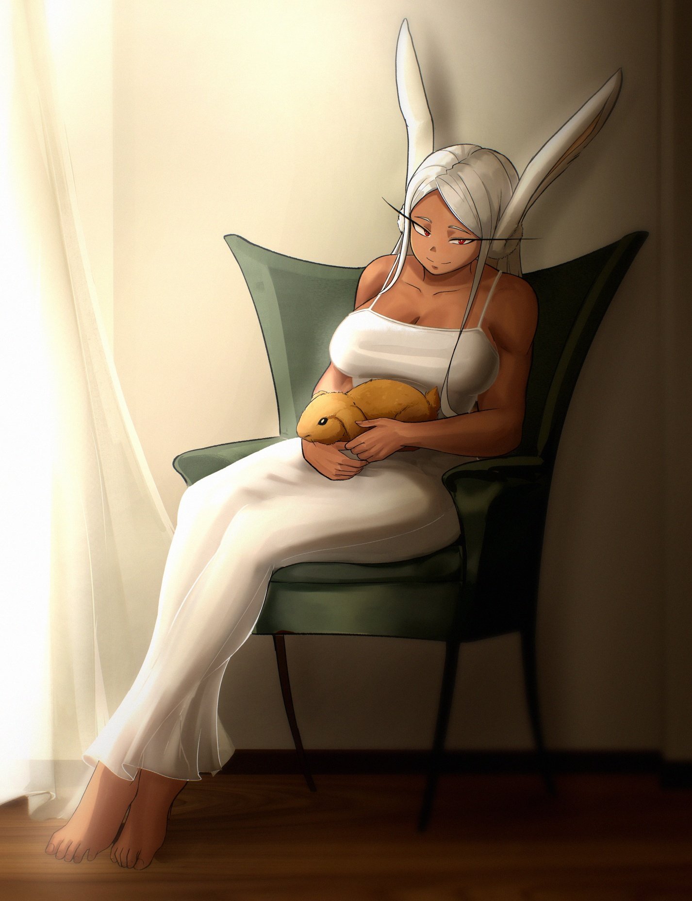 animal ears, animal on lap, bare arms, bare shoulders, barefoot, big breasts, boku no hero academia, breasts, brown rabbit, bunny, camisole, chair, cleavage, collarbone, commentary, commission, crossed ankles, cute, dark skin, dark-skinned female, english commentary, feet, female, highres, holding pet, indoors, large breasts, long eyelashes, long hair, long skirt, looking at viewer, mirko, miruko, my hero academia, on chair, on lap, parted bangs, pet, rabbit, rabbit ears, rabbit girl, red eyes, rumi usagiyama, shibbunny, sidelocks, sitting, skirt, smile, solo, toenails, toes, toned, toned female, usagiyama rumi, very long hair, white camisole, white hair, white skirt, wholesome, wooden floor