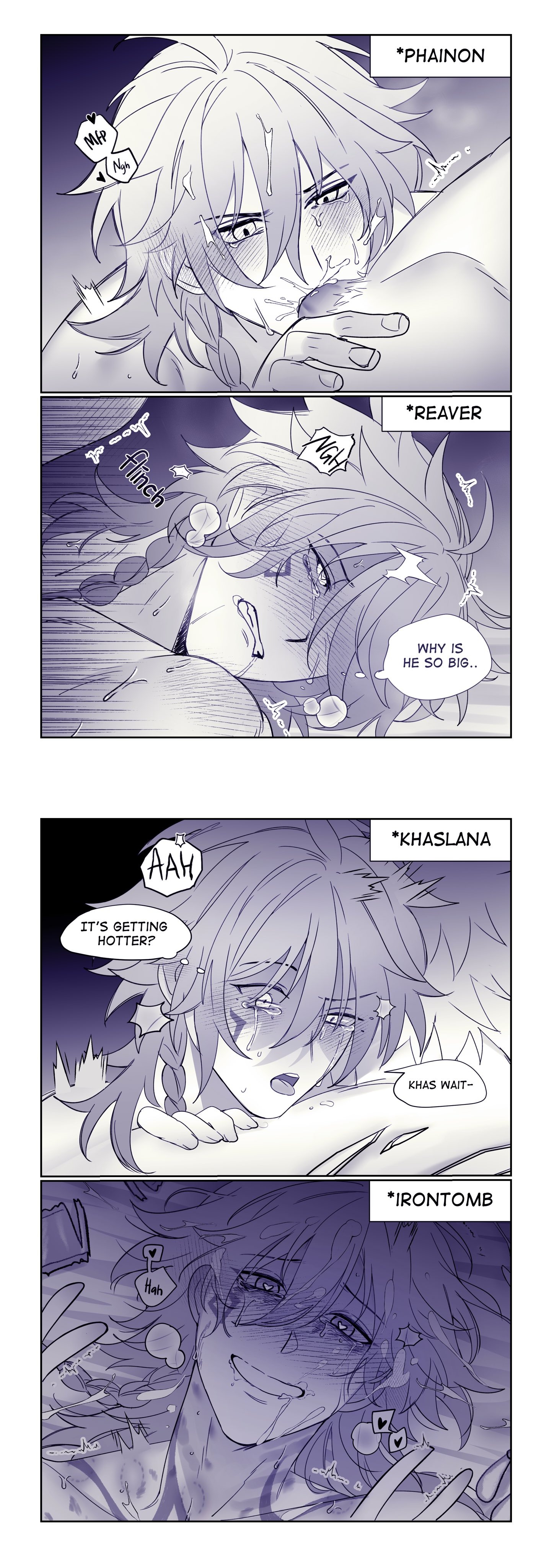 5boys, anal, anal sex, bite marks, blowjob, condom, condom wrapper, crying, crying male, crying while penetrated, crying with eyes open, english text, eyes rolling back, flame reaver (honkai: star rail), fucked, fucked into submission, fucked senseless, fucked silly, fucking, gay, gay sex, giving head, heart-shaped pupils, hickey, hickey marks, honkai: star rail, irontomb (honkai: star rail), khaslana (honkai: star rail), mind break, multiple boys, multiple males, multiple views, mydei (honkai: star rail), no visible face, oral, oral sex, panels, partner out of shot, peace sign, phainon (honkai: star rail), raised eyebrow, sucking dick, sucking penis, tears, yaoi