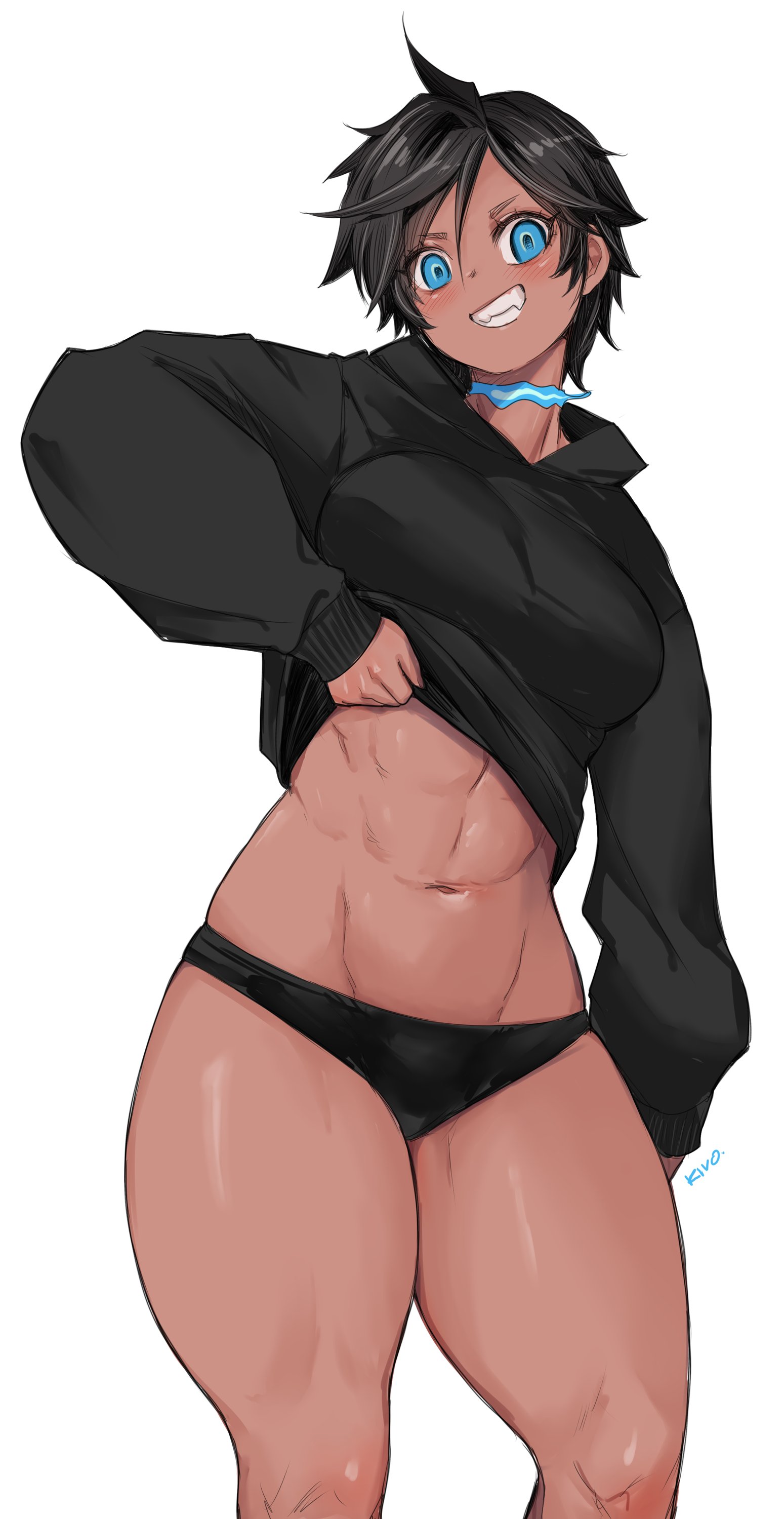 abs, dani (kivonotbabu), dark-skinned female, dullahan, kivonotbabu, not porn, presenting abs, tomboy