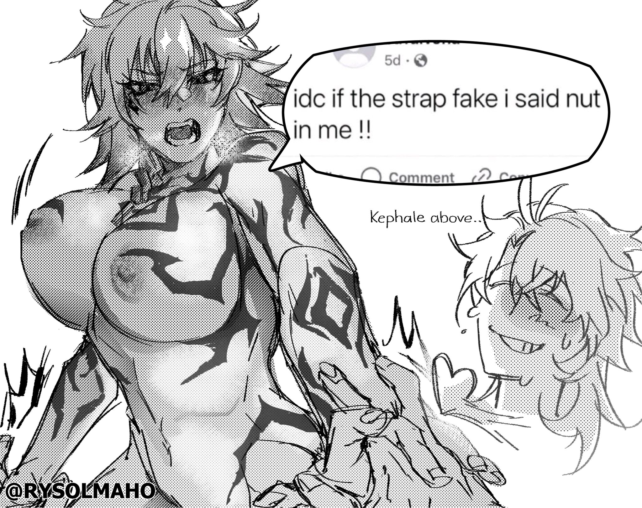2girls, angry, angry face, big breasts, black and white, body markings, cowgirl position, english text, genderbend, genderswap, genderswap (mtf), holding hands, honkai: star rail, large breasts, lesbian, lesbian sex, lesbians, meme, monochrome, mydei (honkai: star rail), phainon (honkai: star rail), riding, rule 63, sex, sex toy, sex toy insertion, strap-on, watermark, yuri