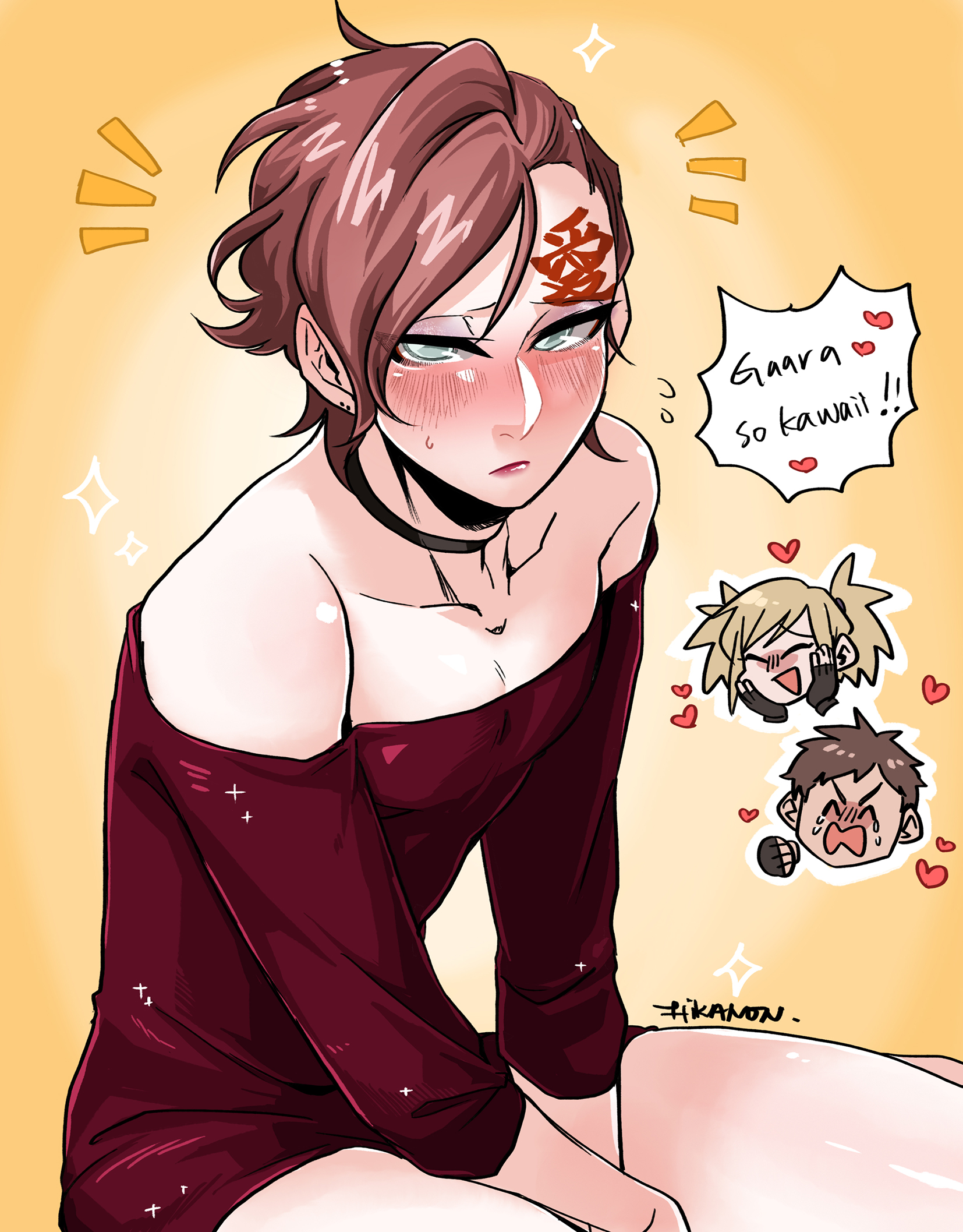 1girls, 2boys, androgynous, bare legs, bare shoulders, bare thighs, bedroom eyes, black gloves, blonde hair, blue eyes, blush, brother and sister, brown hair, brunette, brunette hair, choker, closed eyes, collar, crossdressing, cute, dialogue, earrings, embarrassed, english text, eyeliner, facial markings, femboy, feminine male, feminization, fingerless gloves, forehead markings, gaara, girly, gloves, hair over one eye, heart, heart symbol, hearts, hearts around head, hi res, high resolution, highres, hikanon, kankuro, light skin, light-skinned femboy, light-skinned male, lips, lipstick, looking at viewer, love heart, makeup, messy hair, narrowed eyes, naruto, naruto (series), naruto shippuden, naruto: the last, nose blush, open mouth, pale skin, pale-skinned femboy, pale-skinned male, petite, petite body, pigtails, pink lips, pink lipstick, red hair, romper, shonen jump, short hair, shounen jump, shueisha, sibling (lore), siblings, sissy, skimpy, skimpy clothes, skimpy dress, smile, smiling, speech bubble, supporting, sweat, sweatdrop, sweating, temari, text, thighs, tied hair, tomgirl, trap, twintails, very high resolution, weekly shonen jump, weekly shounen jump