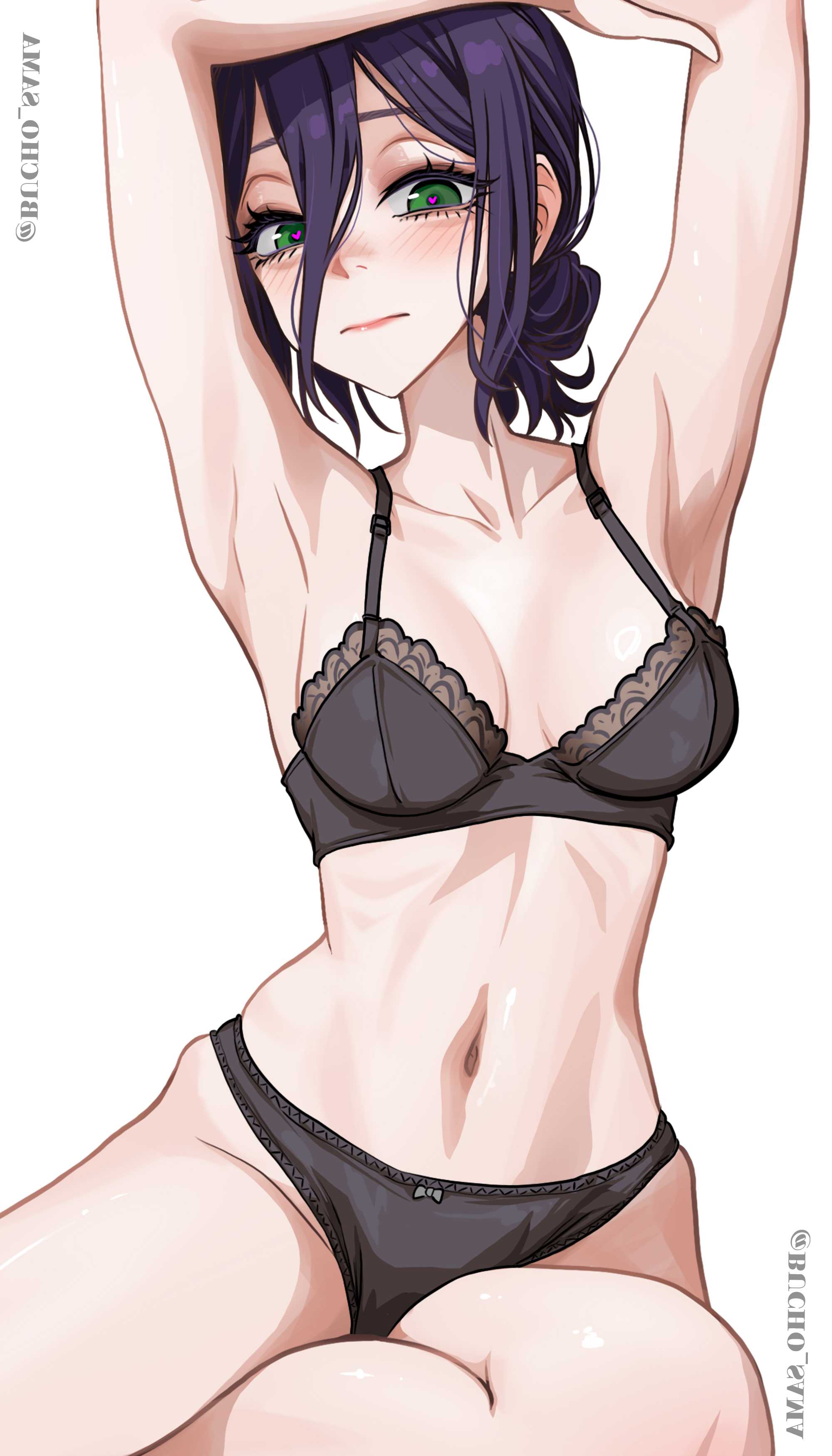 1girls, 2d, 2d (artwork), 2d artwork, alternate version at source, alternate version available, arm above head, arm up, armpit, armpit crease, armpit peek, armpits, arms above head, arms up, bare armpits, bare arms, bare belly, bare calves, bare chest, bare hands, bare hips, bare knees, bare legs, bare midriff, bare navel, bare shoulders, bare skin, bare thighs, belly, belly button, black bra, black hair, black panties, black underwear, black-haired female, blush, blush face, blushing at viewer, blushing female, blushing lines, bra, breasts, breasts apart, bucho sama, calves, chainsaw man, collarbone, digital, digital art, digital drawing, digital drawing (artwork), digital media, digital media (artwork), elbows, embarrassed, embarrassed expression, embarrassed female, embarrassed underwear female, exposed armpits, exposed arms, exposed belly, exposed chest, exposed hips, exposed legs, exposed midriff, exposed navel, exposed shoulders, exposed skin, exposed thighs, female, female focus, female only, female torso, fingers, flustered, flustered female, full body, green eyes, green-eyed female, groin, hair between eyes, hairless armpits, half naked, half nude, hand above head, hand up, hands above head, hands up, head tilt, heart eyes, heart-shaped pupils, high resolution, highres, hourglass figure, inguinal crease, inguinal ligament, knees, lace-trimmed bra, lace-trimmed underwear, lean figure, legs, linea alba, looking at viewer, medium breasts, midriff, more at source, naked, naked female, naked woman, narrow waist, navel, nervous, nervous expression, nervous face, nervous female, nsfw version available, nude, nude female, nude version available, nudity, panties, petite, petite body, petite breasts, petite female, petite girl, petite tits, posing, posing for the viewer, posing naked, posing nude, presenting armpit, reze (chainsaw man), semi nude, shaved armpits, short hair, shoulders, shy, shy expression, shy female, shy girl, simple background, sitting, sitting on ass, sitting on floor, sitting on ground, slender body, slender waist, slim waist, solo, stomach, teen girl, teenage girl, teenager, thighs, tilted head, uncensored version at source, underwear, underwear only, white background, wide hips, young female, young woman