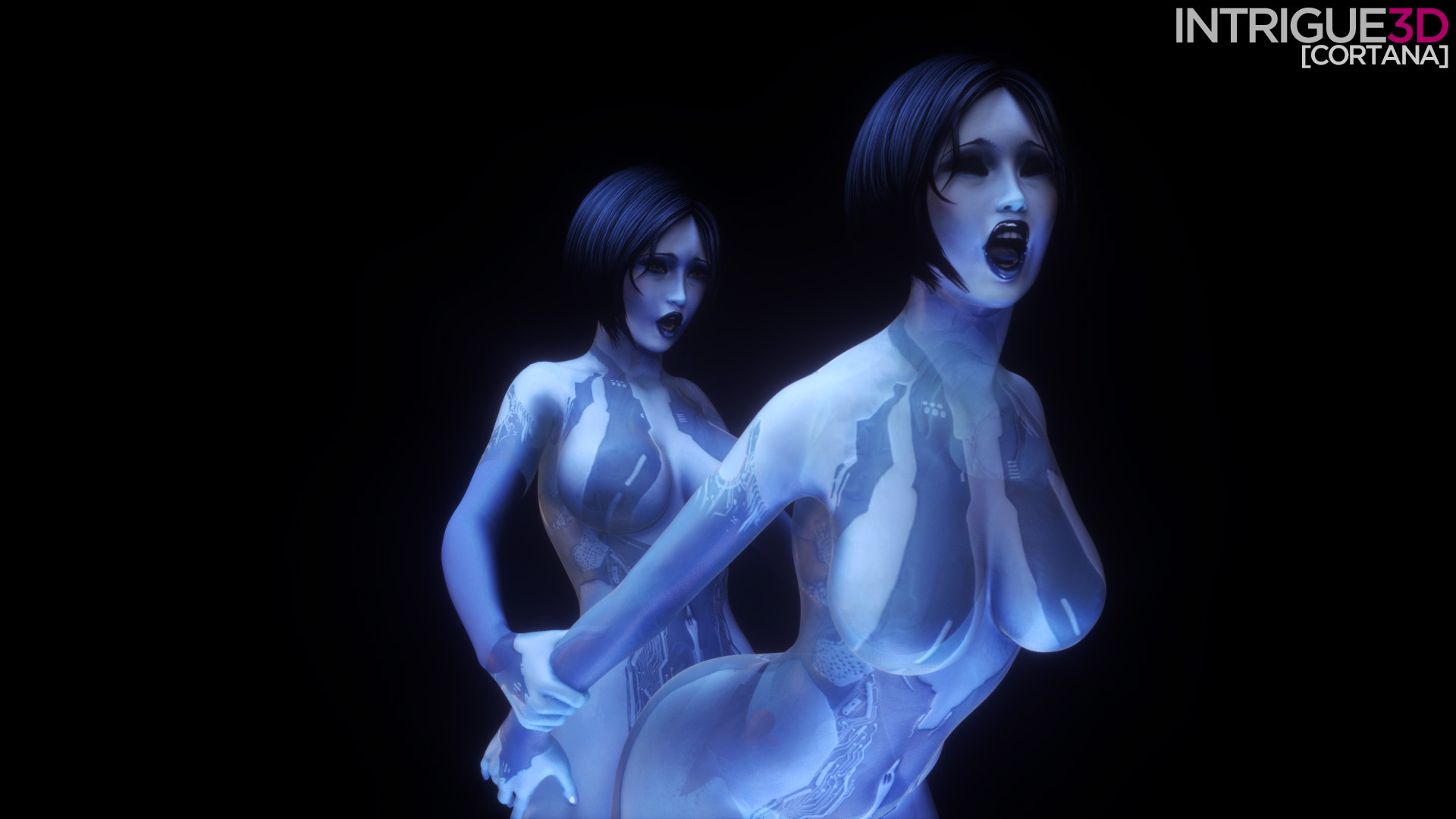 1futa, 1girls, 2016, 3d, artificial intelligence, blue, breasts, clone, cortana, cortana v2, dark skin, dark-skinned futa, dickgirl, female, female focus, futa on female, futanari, halo (series), halo 4, intersex, intrigue3d, large breasts, nippleless, nude, open mouth, penetration, pussy, selfcest, sex, vaginal penetration, wide hips, yuri
