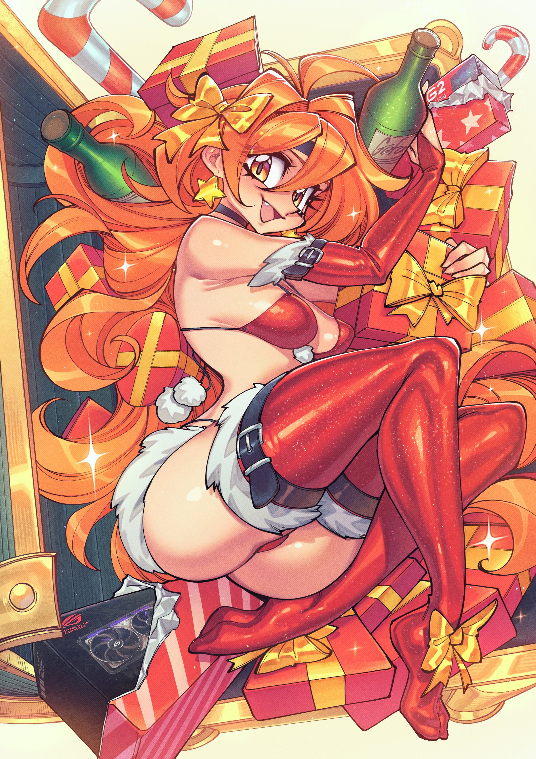 1girls, 2d, 2d (artwork), 2d artwork, ahoge, ass, beverage, beverage bottle, bikini, breasts, bridal gauntlets, candy, candy cane, christmas, christmas outfit, cute fang, drink, earrings, elbow gloves, fang, female, gift, gift box, gofa, hair, leggings, light skin, light-skinned female, lina inverse, lips, long hair, looking at viewer, orange eyes, orange hair, red bikini, sideboob, slayers, smile, smiling, smiling at viewer, solo, star earrings, swimsuit, thighhighs