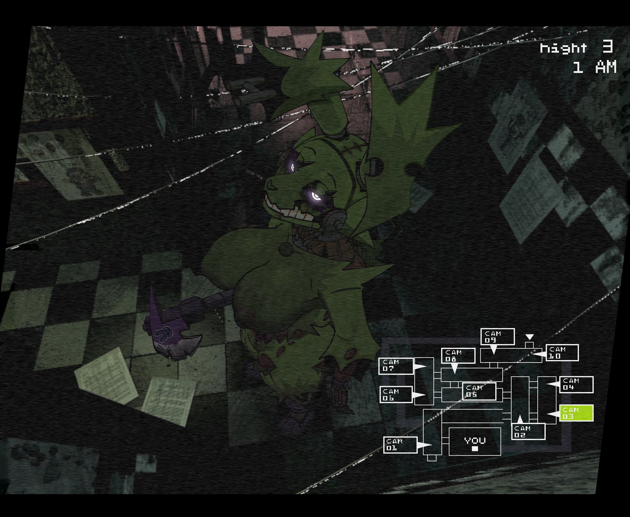 1girls, axe, big breasts, camera view, fazbear frights (location), female, five nights at freddy's, fnaf, gallo wazavi, genderswap (mtf), looking at viewer, milf, nipples, nude, rule 63, solo, solo focus, springtrap (fnaf), standing
