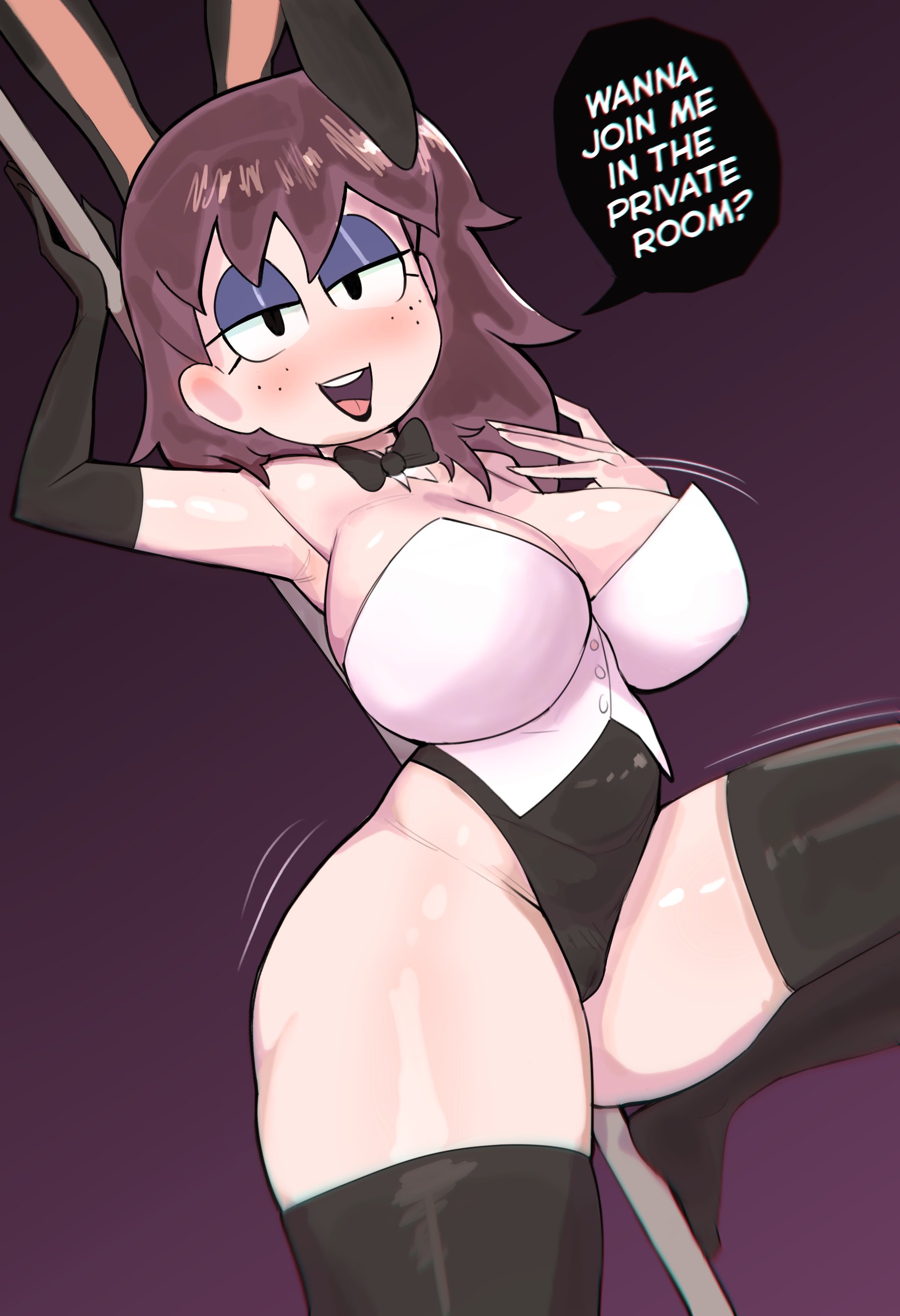 2026, armwear, big breasts, blush, bodysuit, breasts, bunny ears, bunnysuit, cleavage, clothed, clothing, day job, dialogue, english text, female, hater lly, hi res, human, legwear, lily (day job), narrowed eyes, pole, pole dancing, pov, seductive, solo, stripper, stripper pole, text, thick thighs