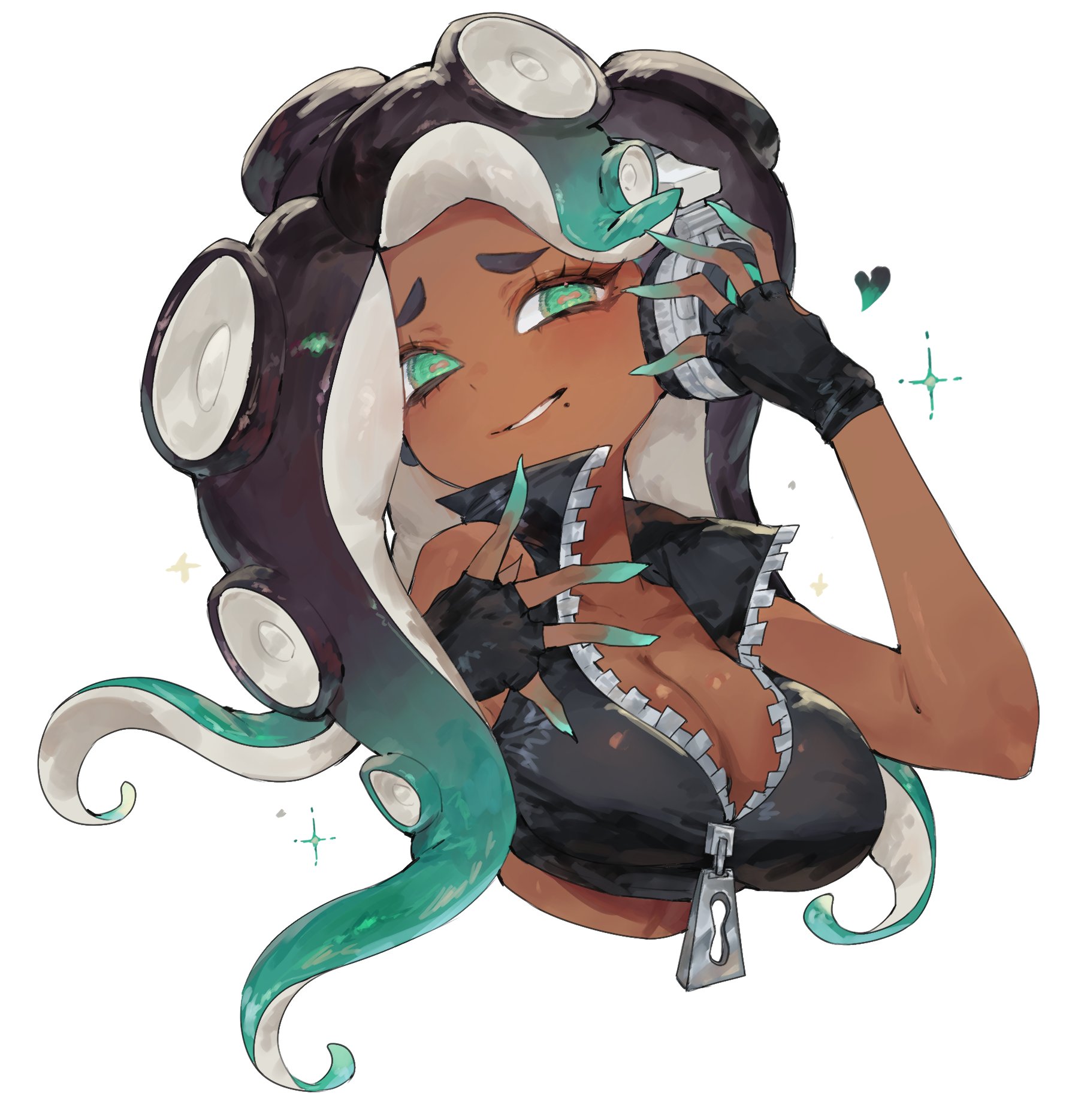 1girls, aqua eyes, big breasts, black gloves, breasts, cephalopod eyes, cleavage, colored fingertips, commentary request, crop top, cropped torso, dark skin, dark-skinned female, female, female only, fingerless gloves, gloves, gradient hair, headphones, heart, high collar, highres, horizontal pupils, large breasts, long hair, looking at viewer, marina (splatoon), mole, mole under mouth, multicolored hair, nintendo, octoling, pink pupils, simple background, sleeveless, smile, solo, splatoon, splatoon (series), splatoon 2, suction cups, tentacle hair, thick eyebrows, togetoge, white background, zipper, zipper pull tab