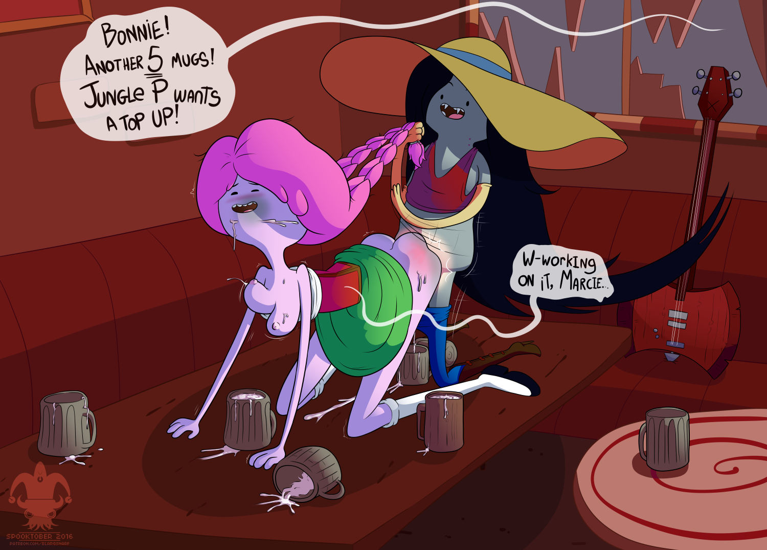 2girls, adventure time, blargsnarf, breast milk, breasts, cartoon network, electric guitar, fangs, female, finn the human, guitar, hair grab, halloween, lactation, marceline, musical instrument, princess bubblegum, sex, vampire