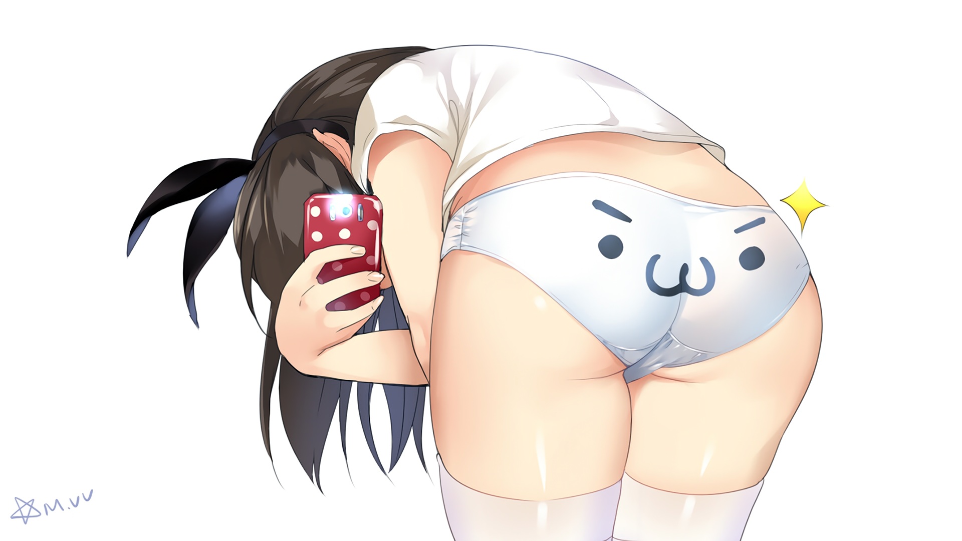:3, >:3, ass, back, brown hair, cellphone, clothed, faceless female, female, hairband, highres, leaning, leaning forward, long hair, mvv, no pants, original, panties, photo, selfie, shirt, standing, thighhighs, white background