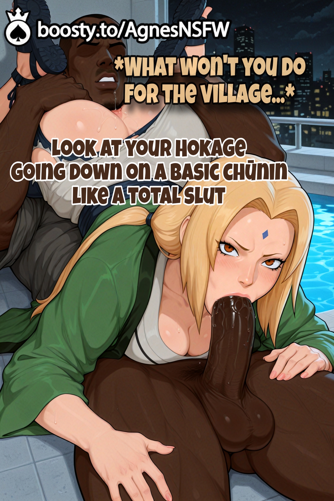 1boy, 1girls, age difference, agnesnsfw, ahe gao, ai art, ai generated, angry eyes, anime, areolae, background, big breasts, blacked comics, blonde hair, blowjob, bottomless, brown eyes, caption, cityscape, cleavage, cuckold, cum, cum drip, cum on tongue, cum string, dark skin, dark-skinned male, dark-skinned male/light-skinned female, degradation, drooling, english text, explicit, fellatio, female, forehead mark, girl, green kimono, grey pants, hentai, huge breasts, huge cock, implied qos, interracial, looking up, mature, mature female, mature woman, milf, mommy, naruto, naruto (series), naruto shippuden, netorare, night, nipples, nsfw, open clothes, open kimono, oral, outdoors, penis, poolside, pubic hair, queen of spades, saliva, straight, swimming pool, text, tongue out, tsunade, urban, veiny penis, white top