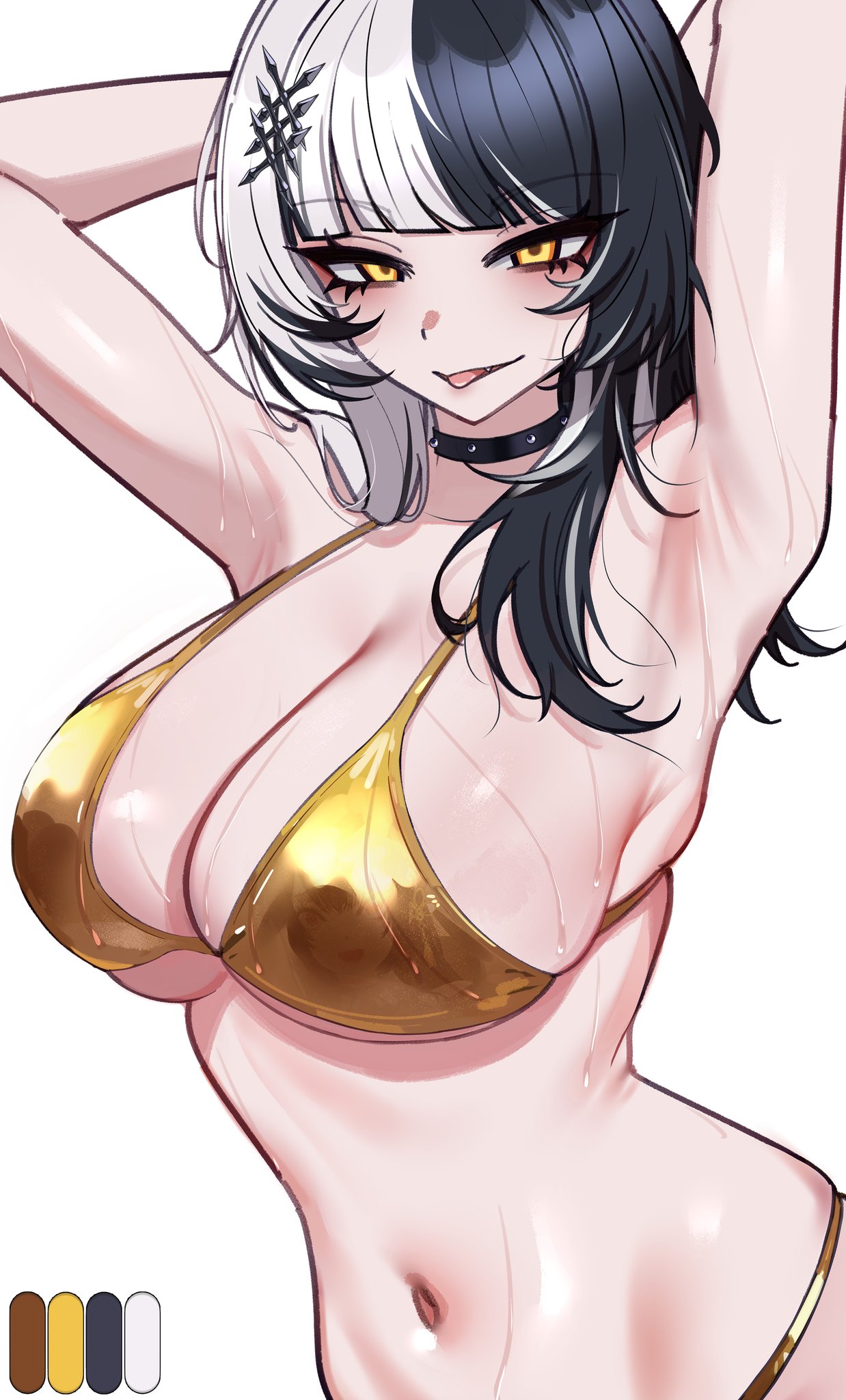 black hair, choker, doujenrad, golden bikini, hair ornament, hololive, hololive english, hololive english -advent-, light skin, light-skinned female, looking at viewer, multicolored hair, shiori novella, solo, solo female, sticking out tongue, sweatdrops, two-tone hair, virtual youtuber, white hair, yellow eyes
