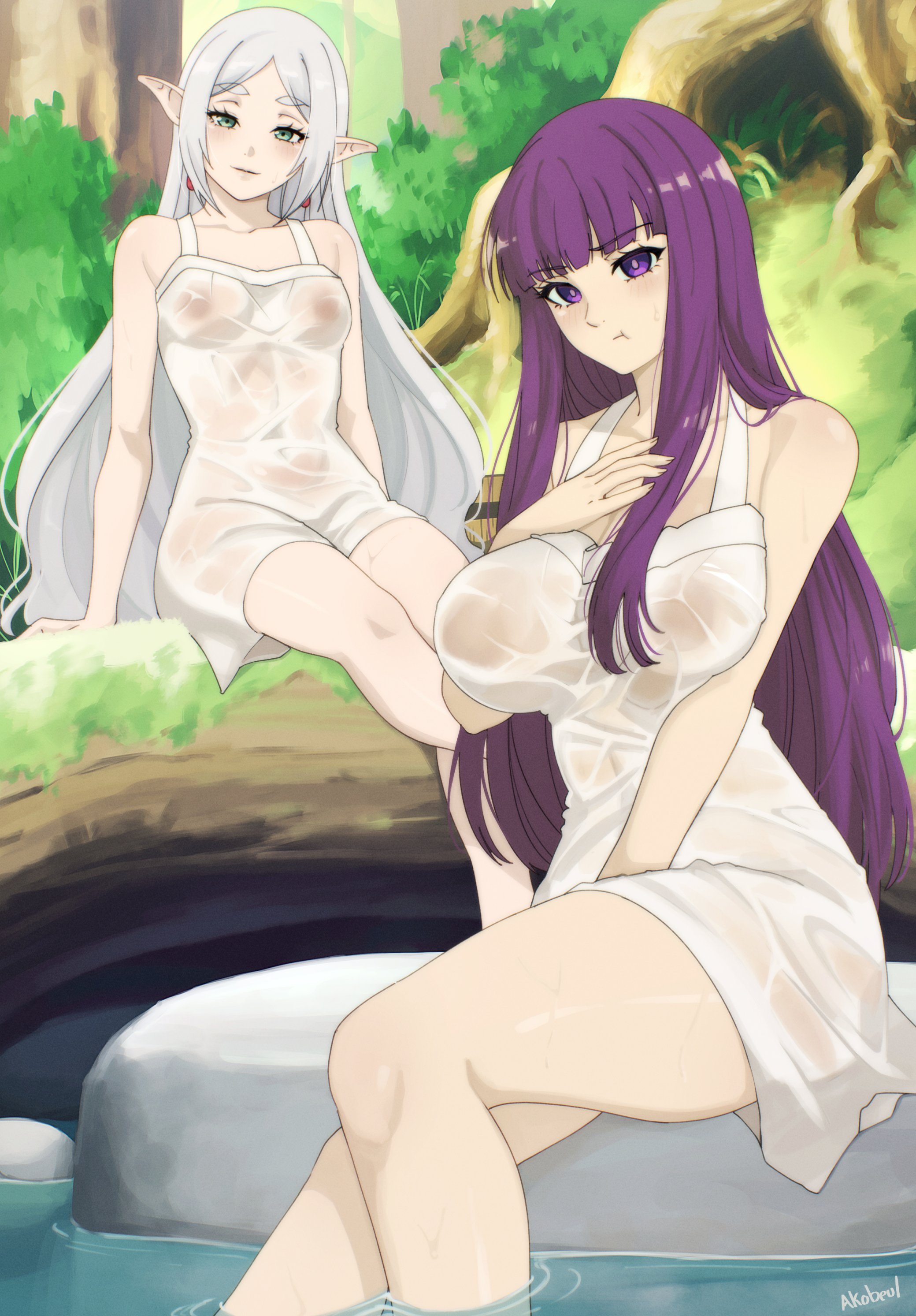 2girls, akobeul, big breasts, breast size difference, breasts, breasts visible through clothing, elf, elf ears, elf female, female, female only, fern (sousou no frieren), frieren, frieren beyond journey's end, light skin, light-skinned female, long hair, medium breasts, purple eyes, purple hair, sousou no frieren, wet, wet clothes, wet clothing, white hair